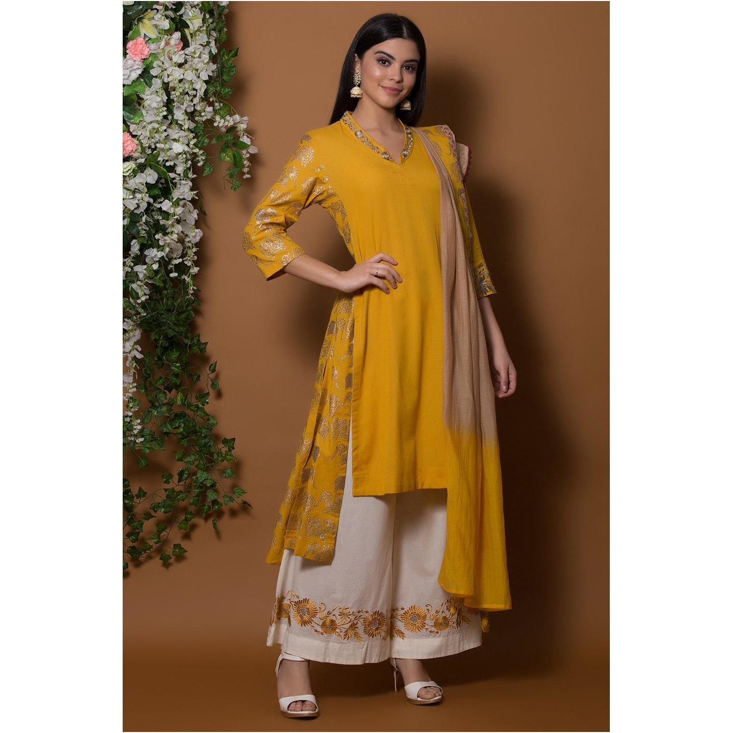 Mustard Cotton Flax A Line Suit Set By Anju Modi