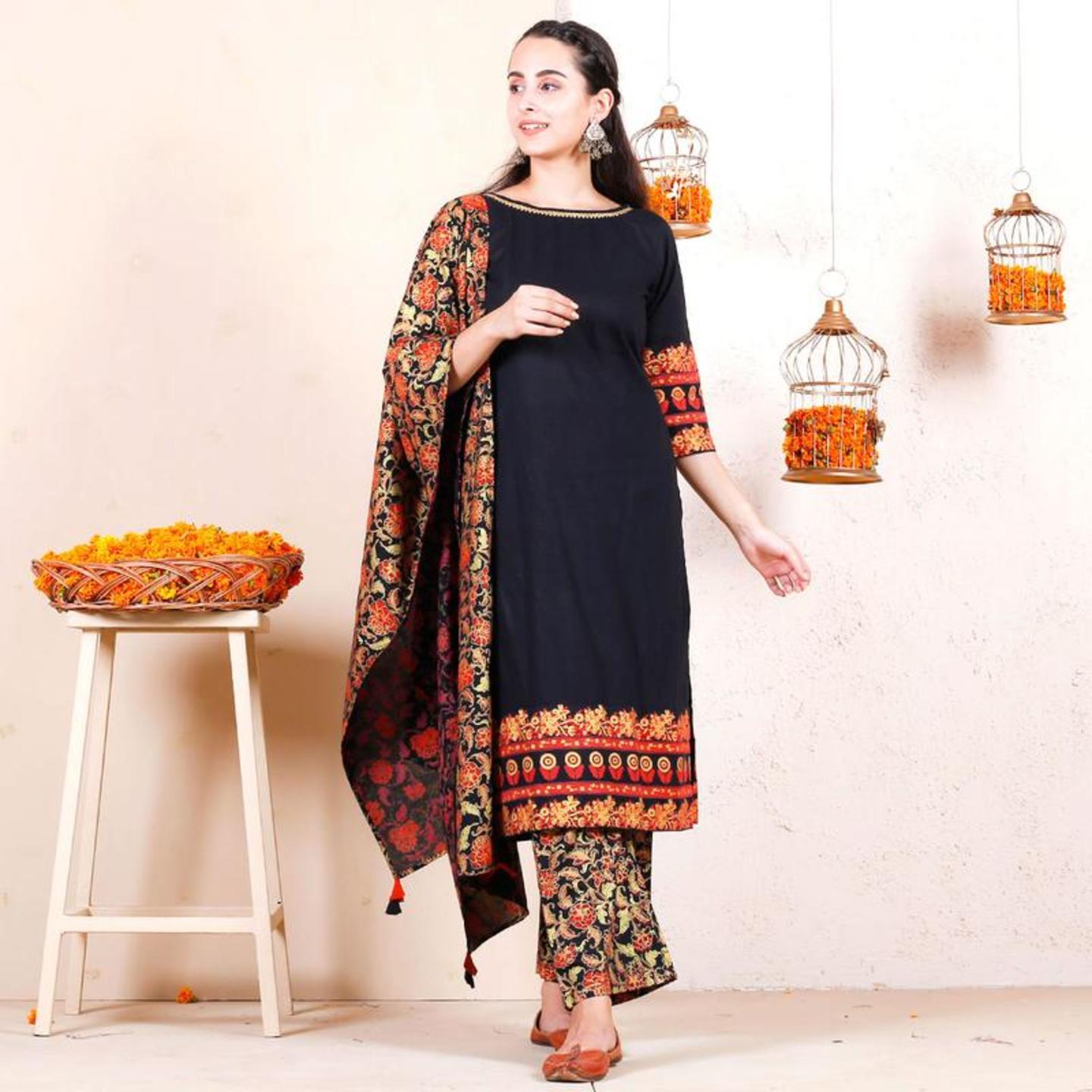 Black Gold Floral Kurta Pant Set with Multicolour Dupatta