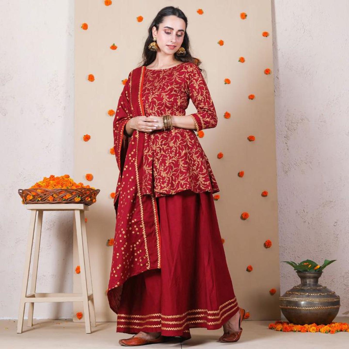 Maroon Festive Gold Printed Sharara Peplum Dupatta Set