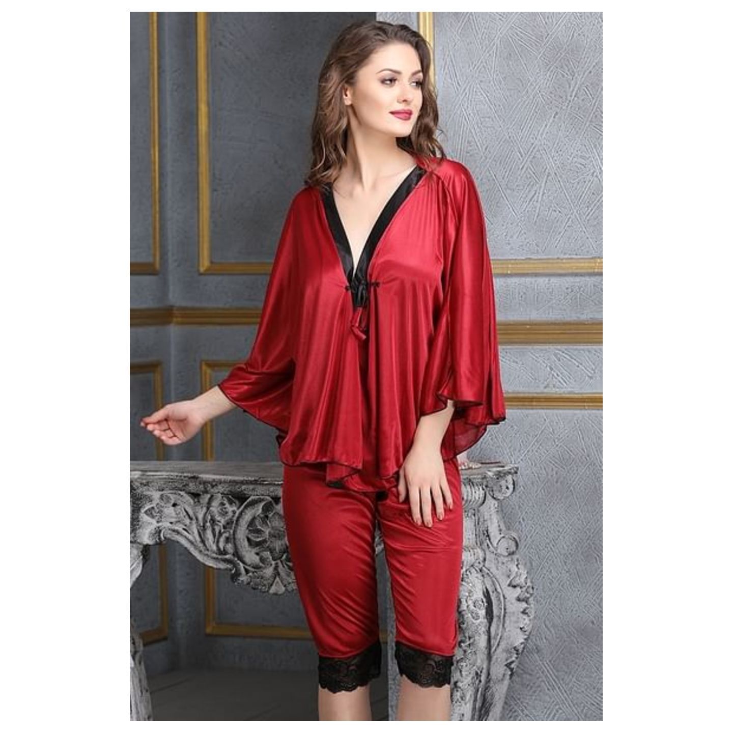 2 Pcs Satin Nightwear Set in Maroon & Black - Kaftan Top & Pyjama Size-Free Size