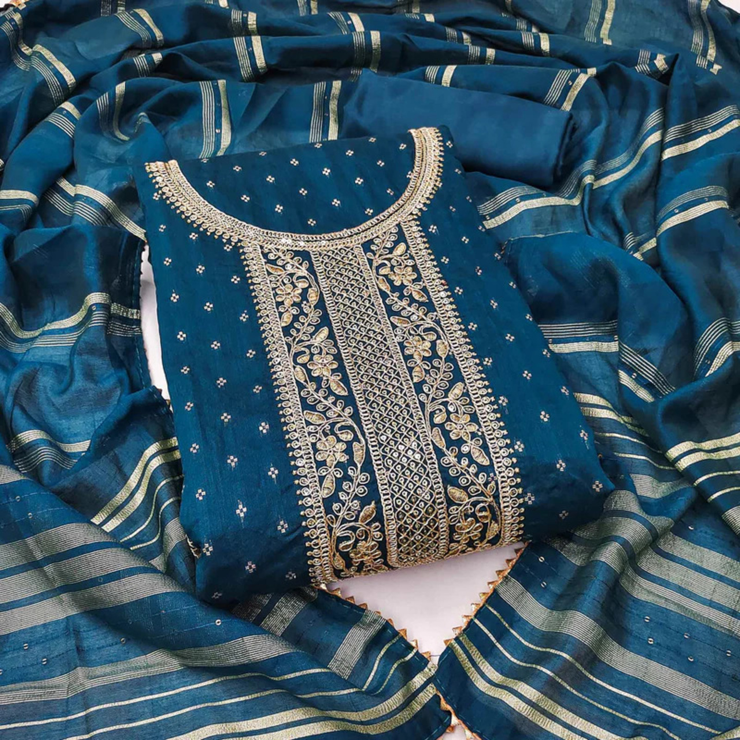 Teal Butti With Embroidered Chanderi Silk Dress Material 