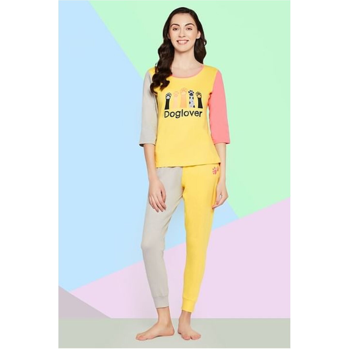 Graphic & Text Print Colourblocked Top & Joggers Set in Yellow - 100% Cotton 