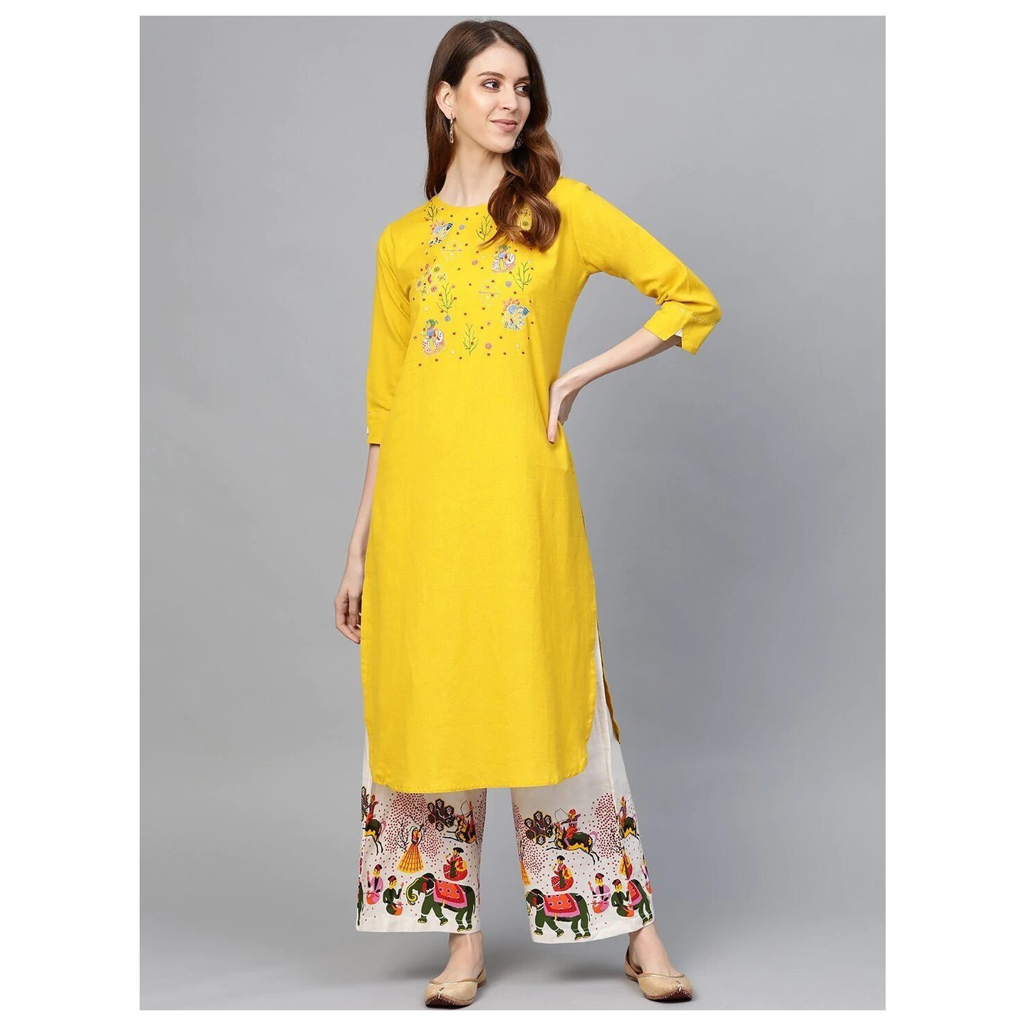 Women Yellow Kurta with Palazzo Set by Anubhutee (Set of 2)