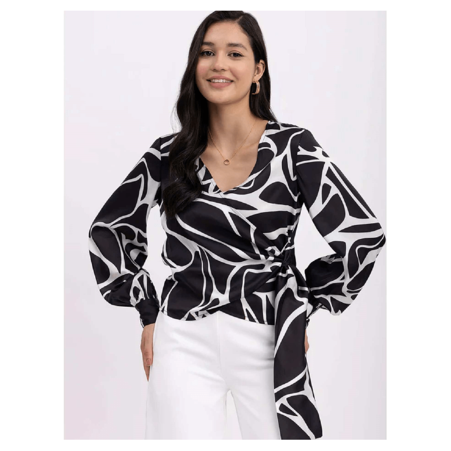 Satin V-Neck Wrap Top - White And Black