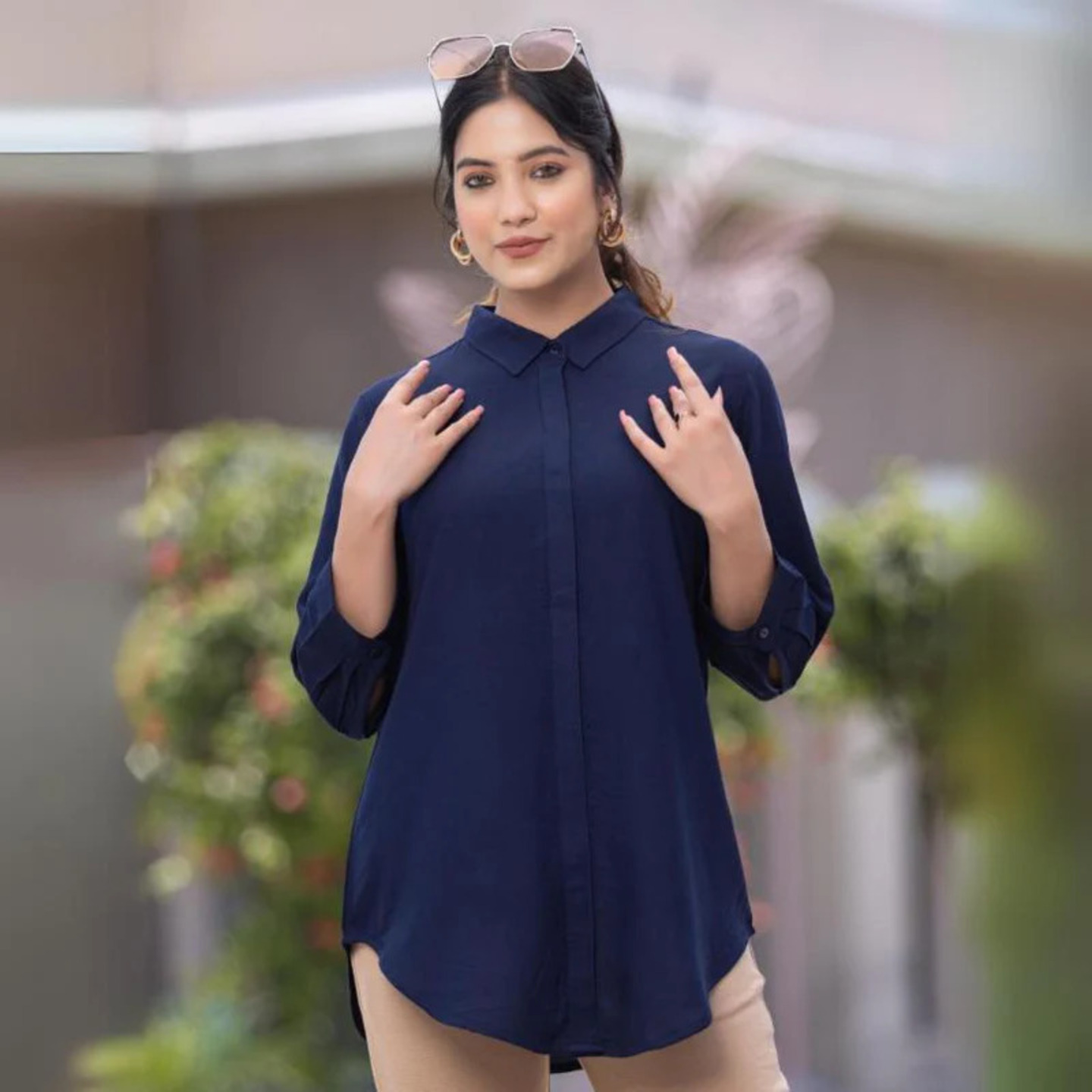 Navy long hemline shirt  100 Rayon, Liva Certified
