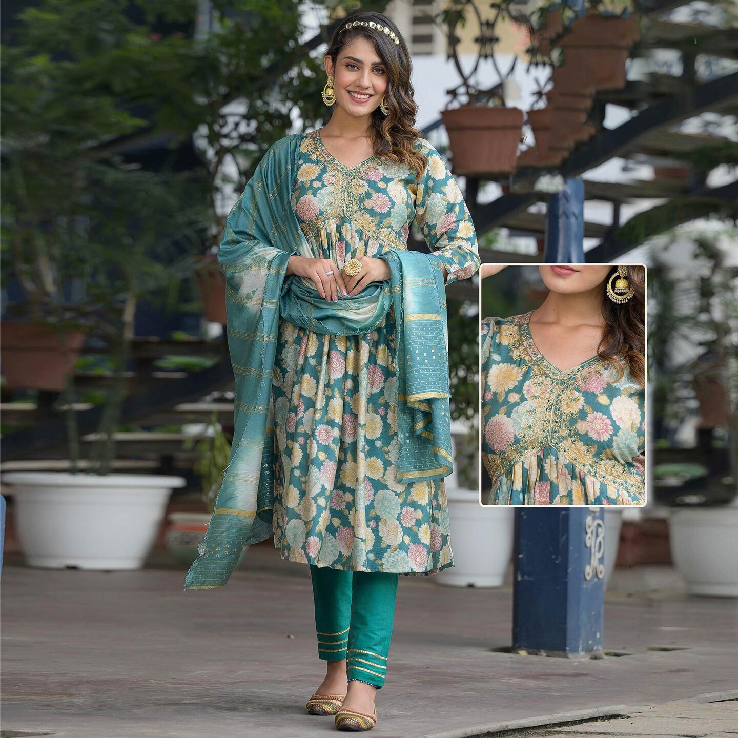 Rama Green Floral Printed Modal Anarkali Salwar Suit 