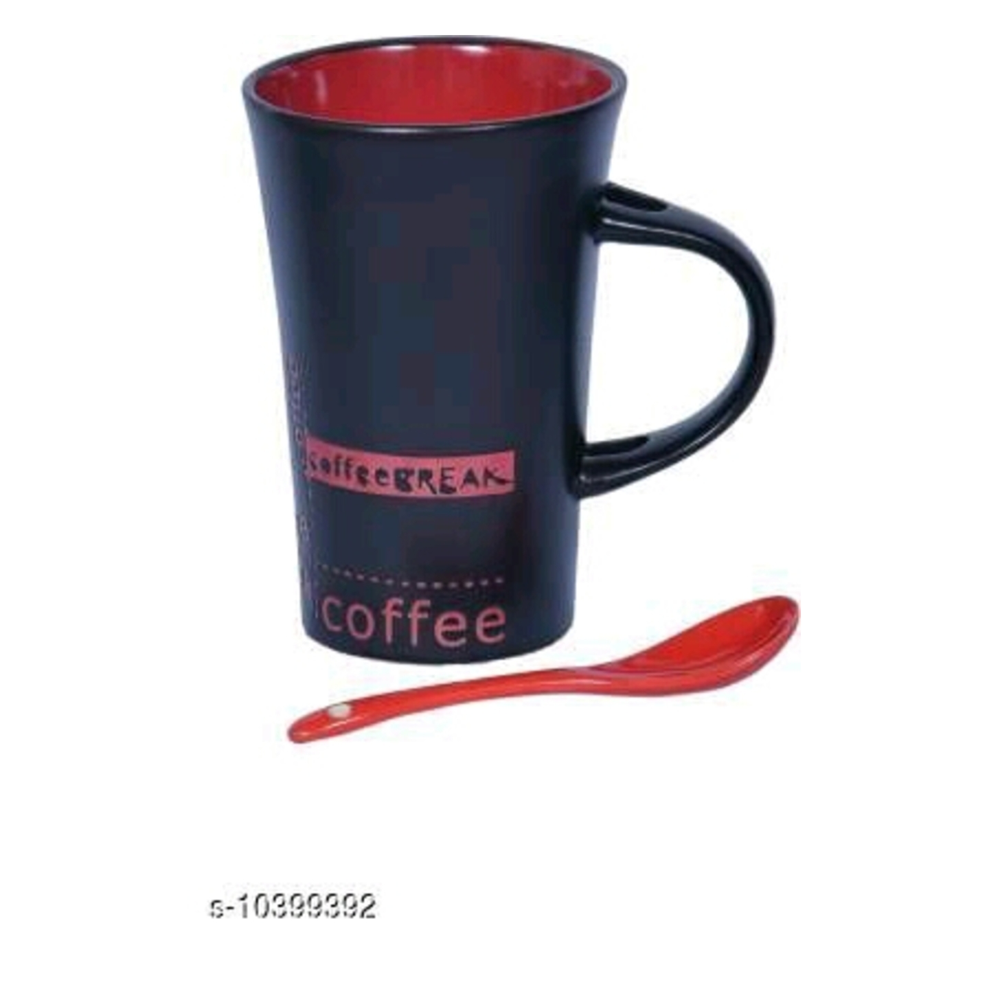 Mantraa Black And Red Coloured Textprinted Ceramic Coffee,Tea,Milk,Soup Mug with Ceramic Blue Spoon,350 ml-4.pcs,