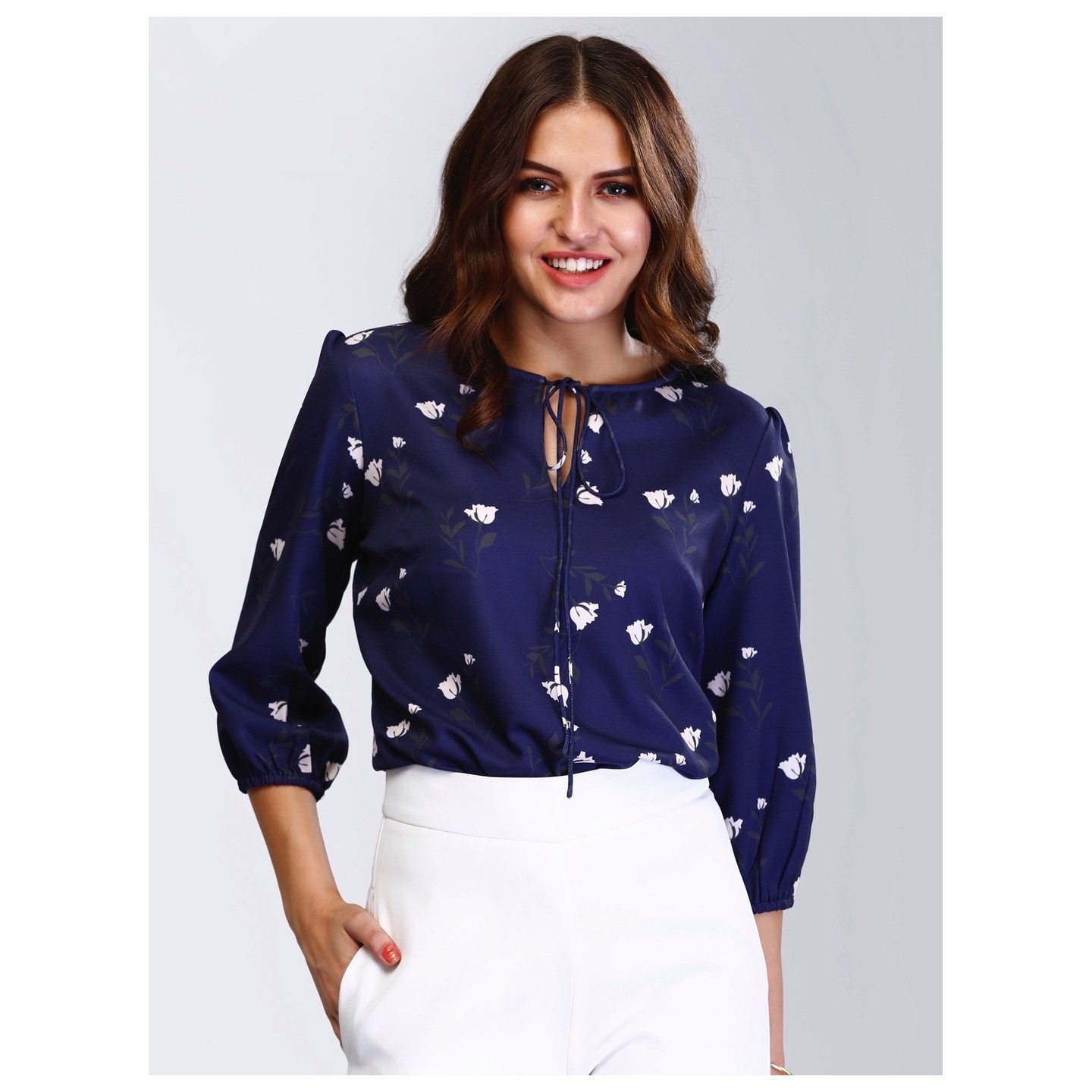 Round Neck String Tie Floral Print Top - Navy