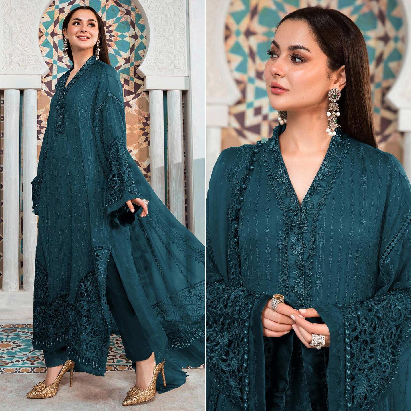 Blue Embellished With Embroidered Georgette Pakistani Suit Size- Free Size, Semi-Stitched