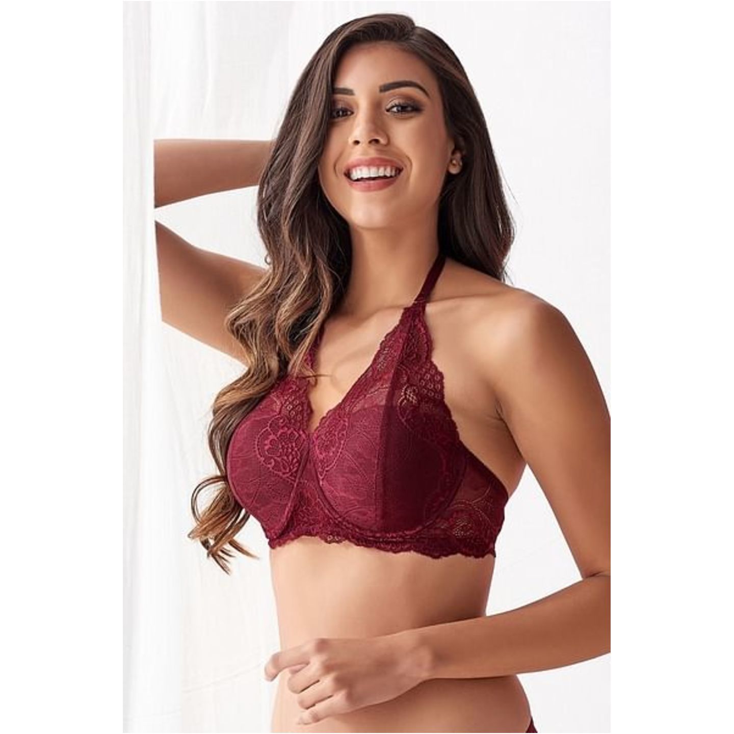 Padded Underwired Full Cup Halter Neck Bralette in Wine-Colour
