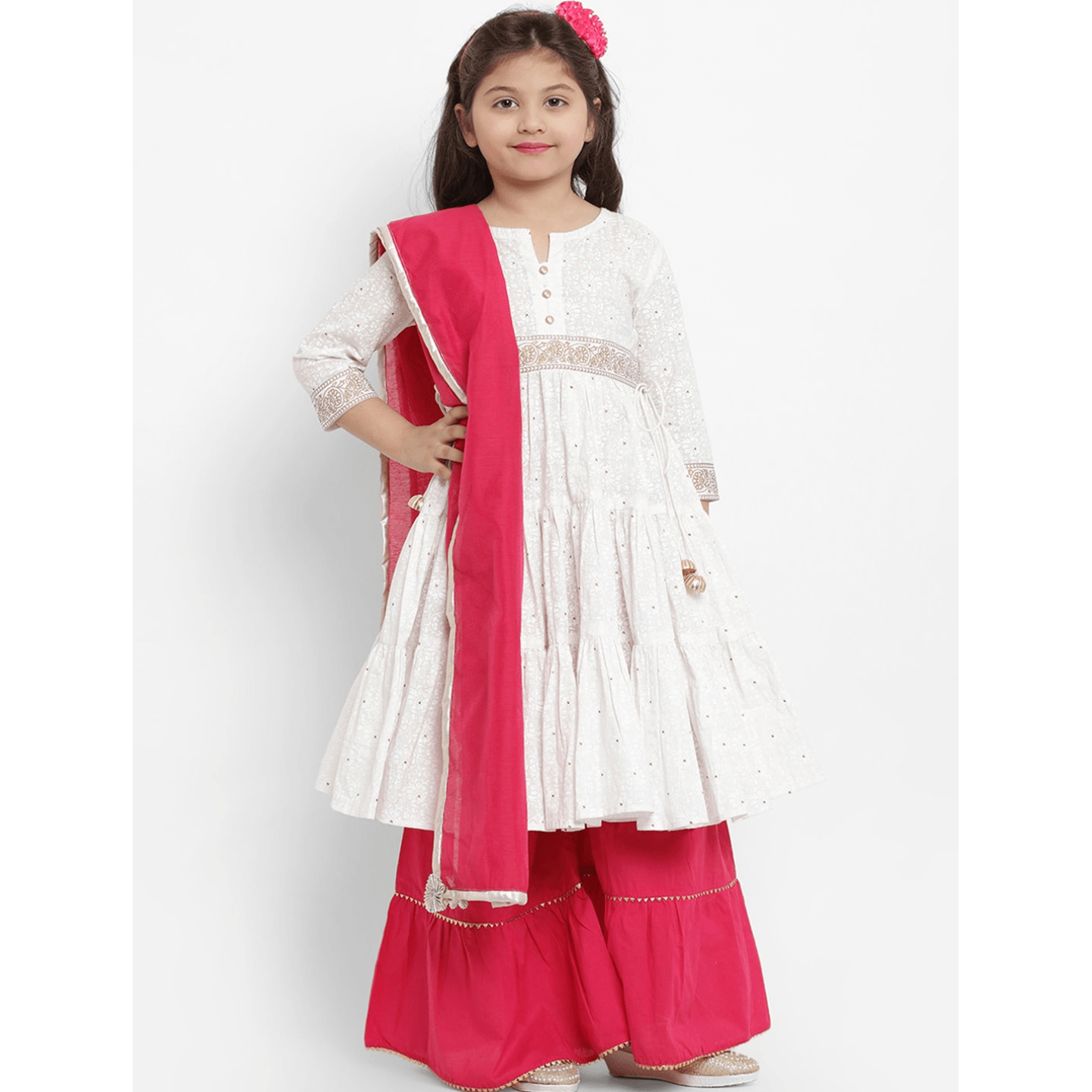 White & Pink Printed Kurta & Palazzo Set for Girls with Dupatta