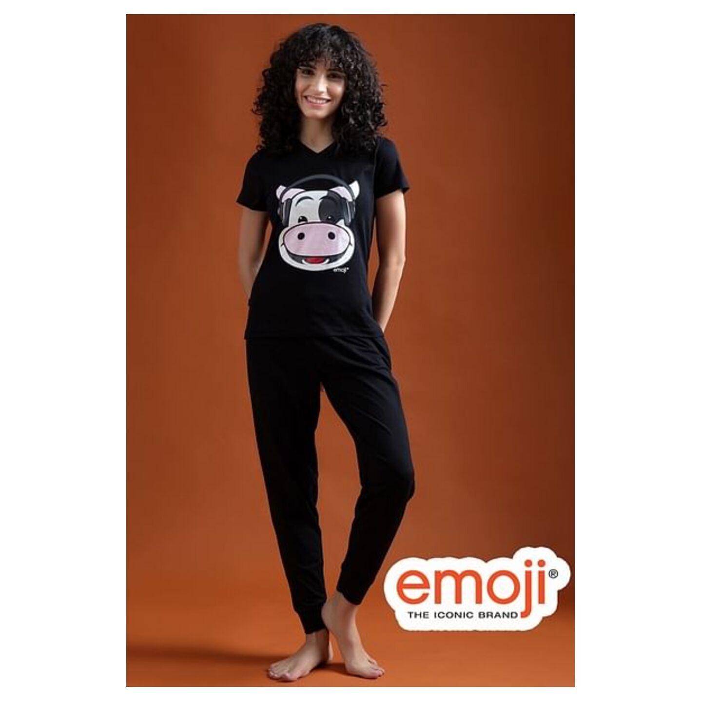Cow Emoji Print Top & Solid Jogger Set in Black - 100% Cotton