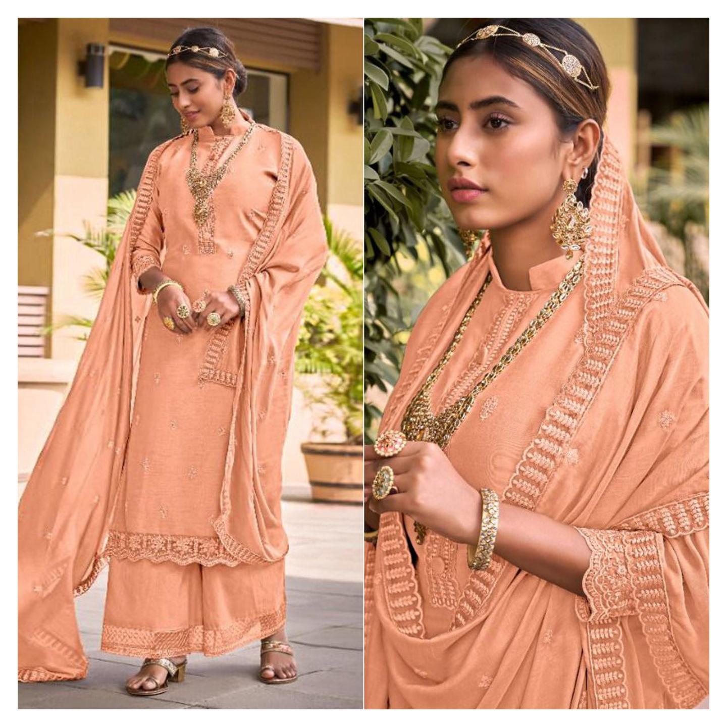 Orange Embroidered Viscose Palazzo Suit Size-Semi-Stitched