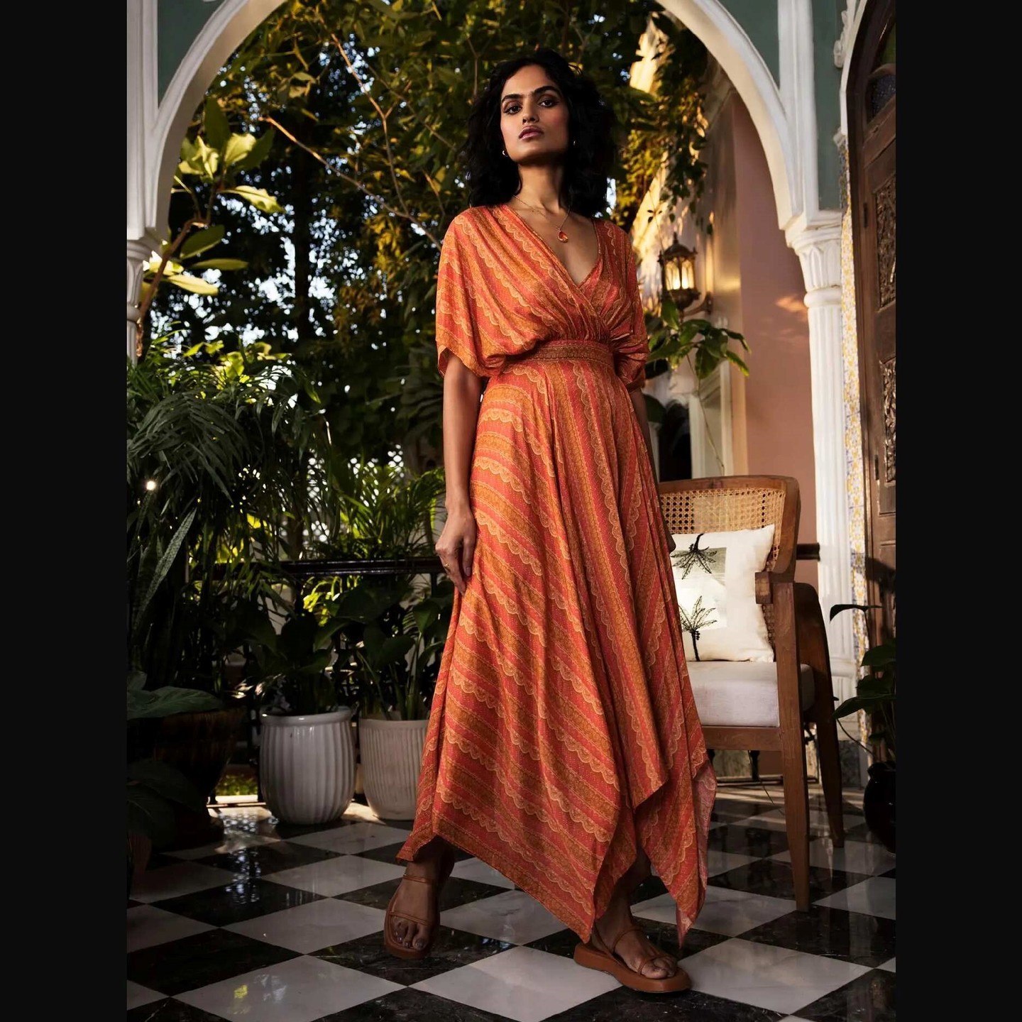 Rust Printed Asymmetric Long Dress FIT TYPE: FITTED