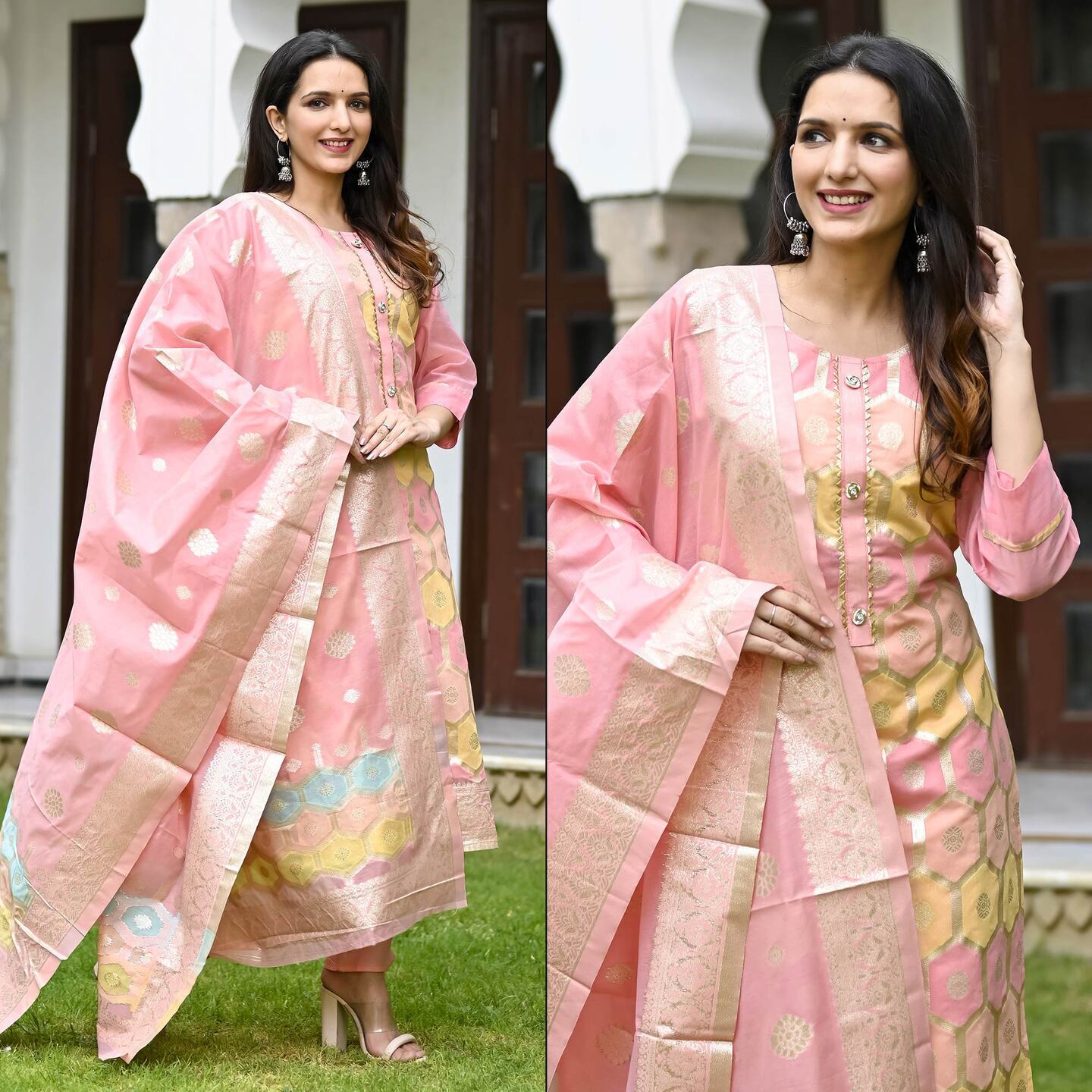 Pink Woven Banarasi Silk Dress Material