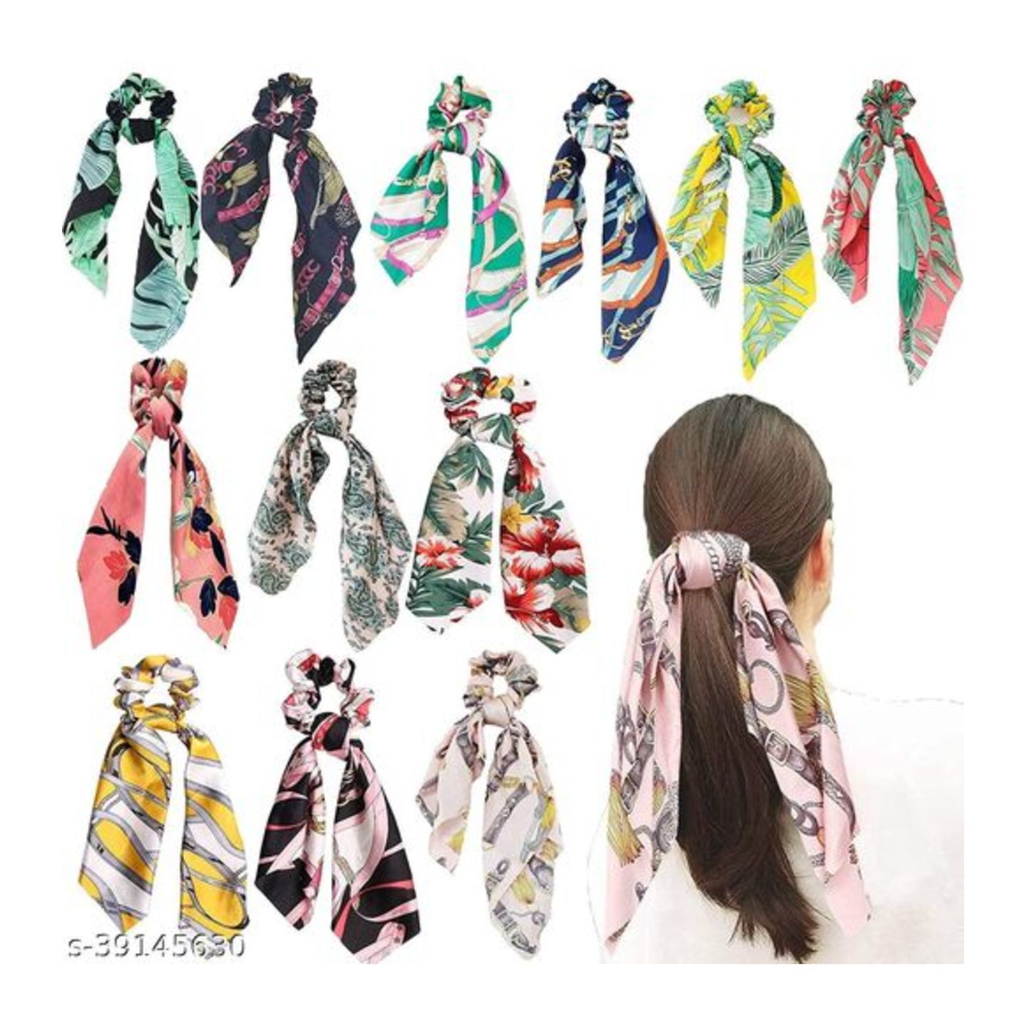 Multi colour Cotton Elastic Hair Ribbon Style Rubber Bands For Women & Girls - Set of 6