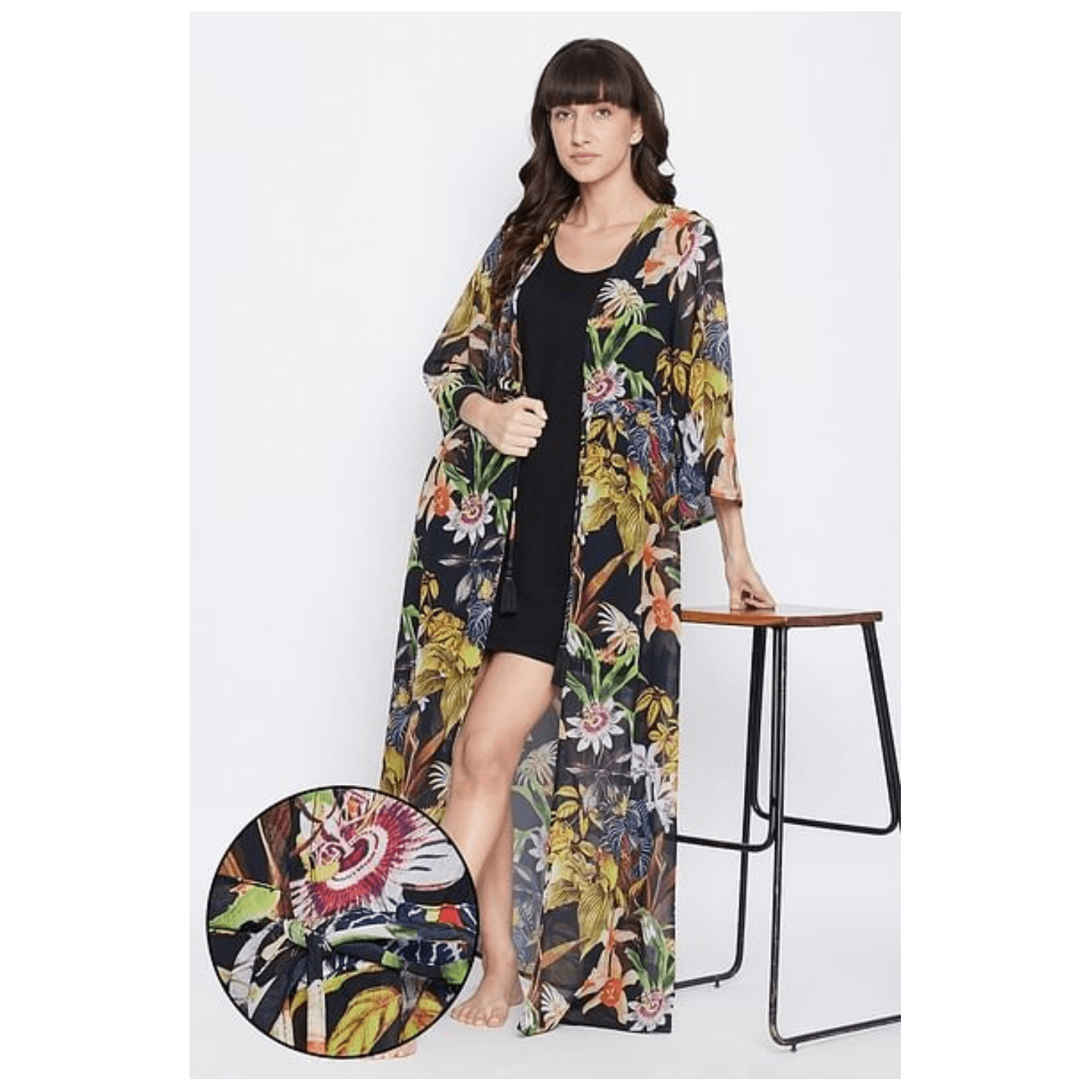 Floral Print Long Resortwear Rob in Black - Georgette