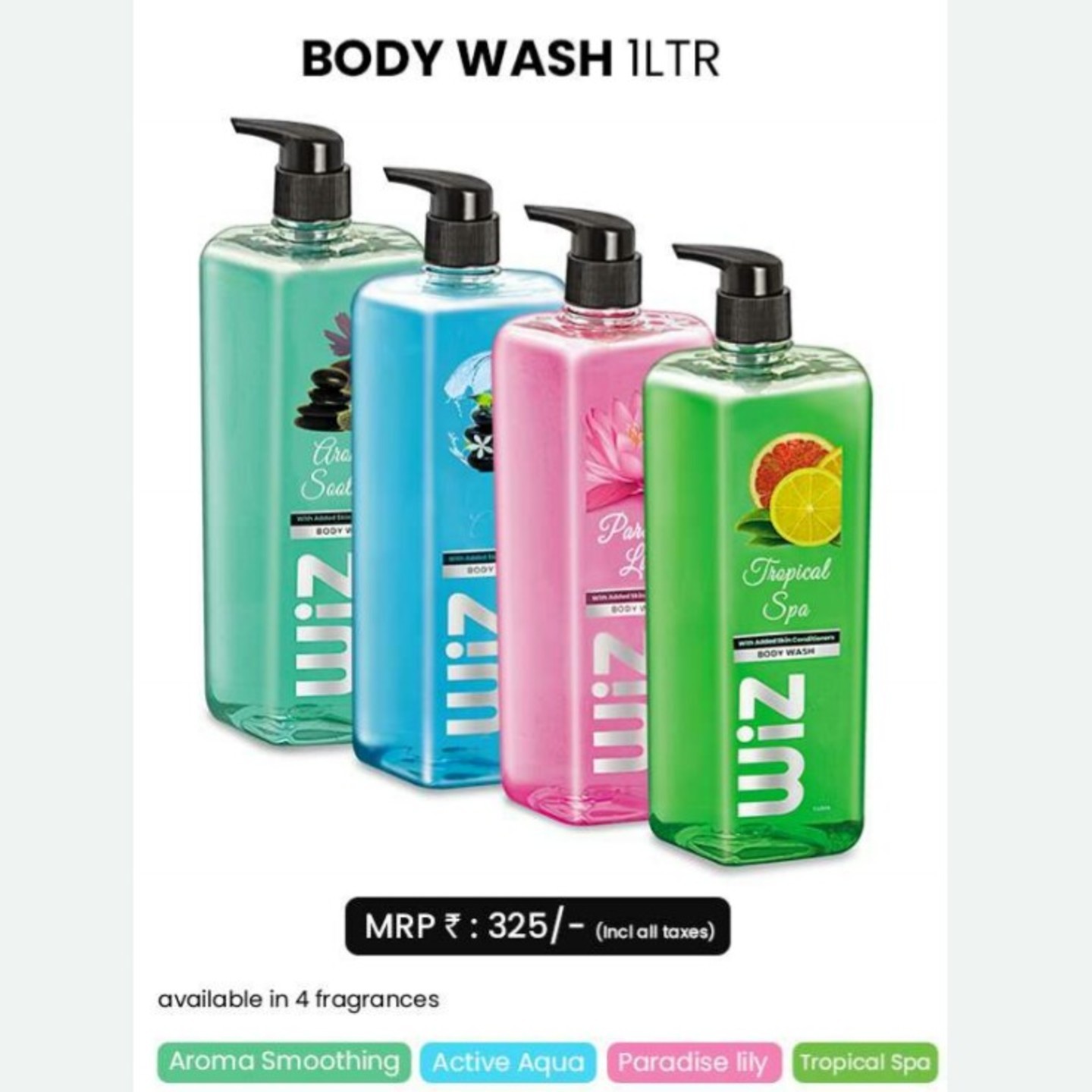 WIZ Spa Shower Gel-Body Wash Pack 1 Ltr, 4 Fragrances