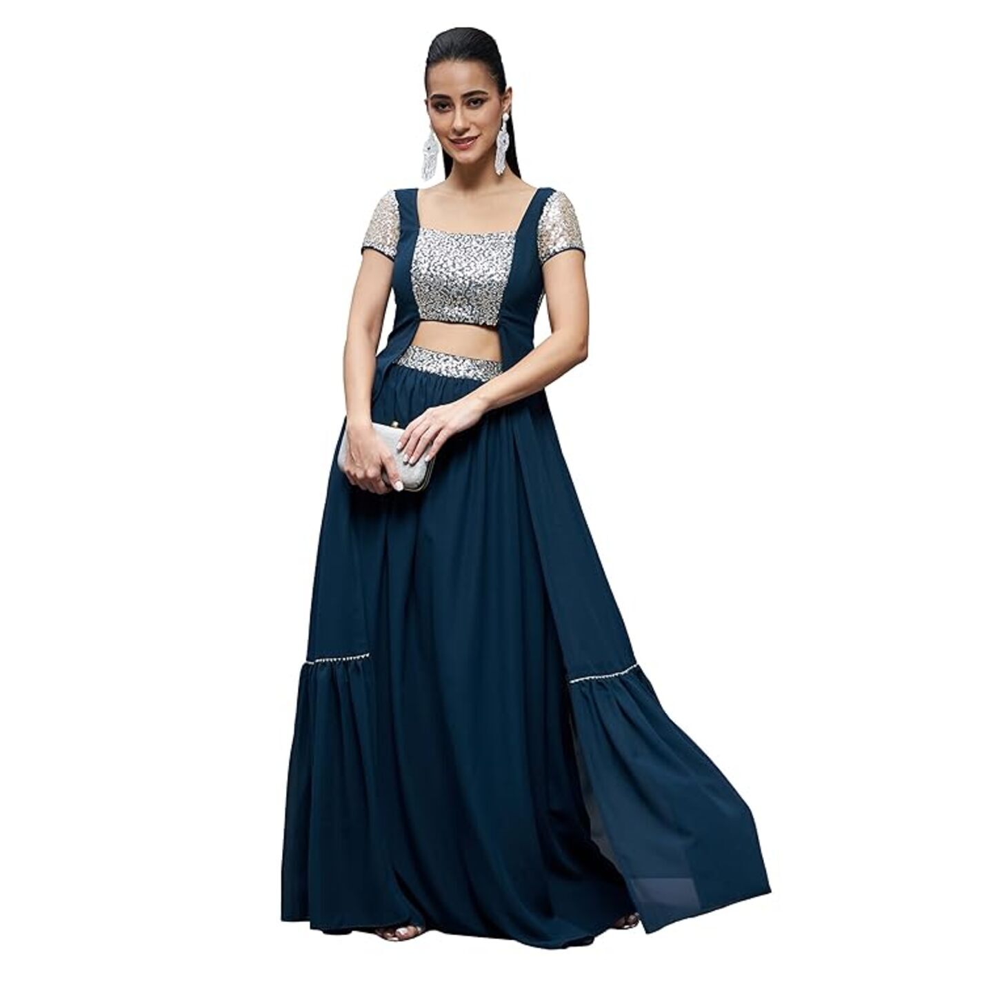 Miss Chase Womens Embellished Square Neck Short Sleeves Waist Band Pocketed Tiered Maxi Co-Ord Set with Pocket