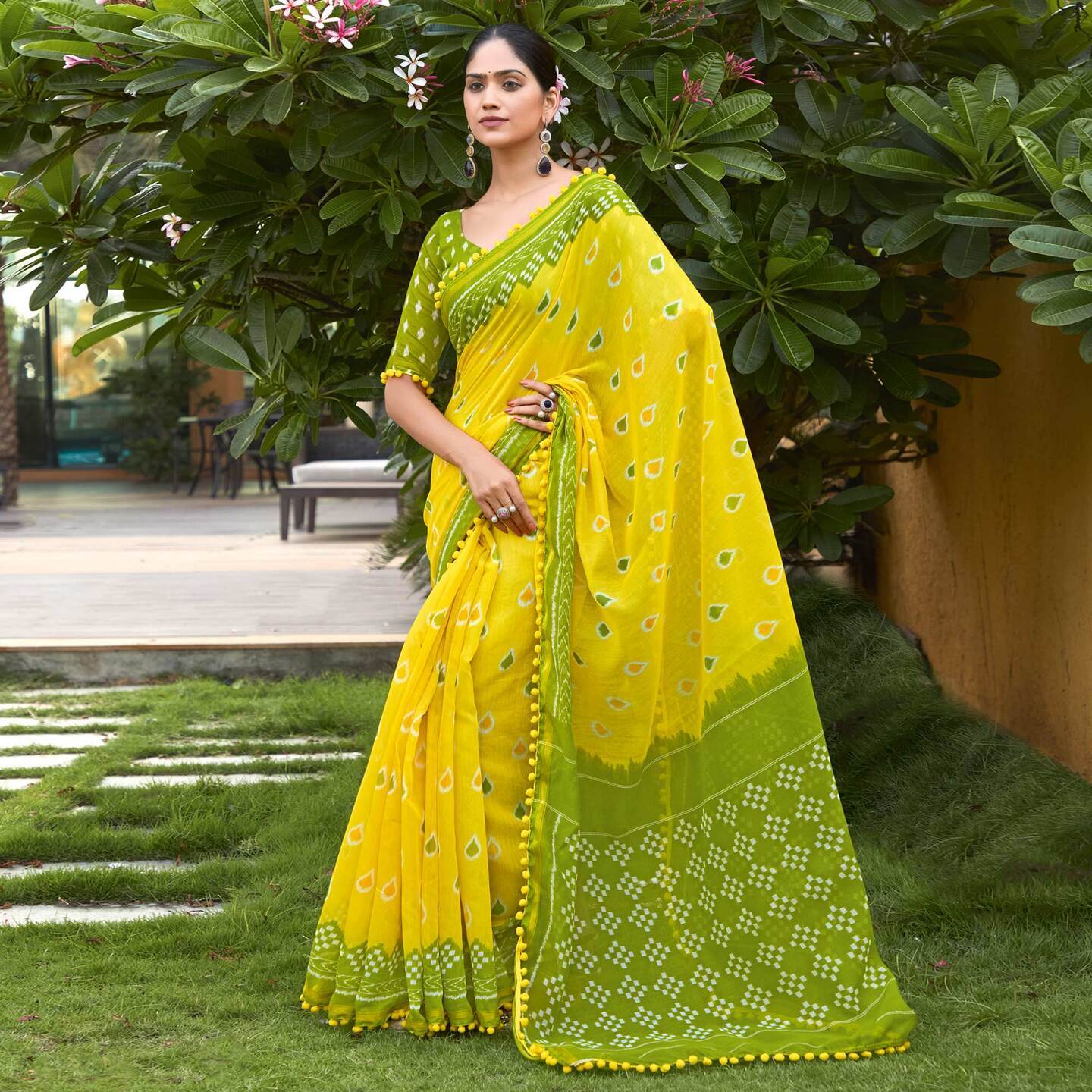 Yellow Printed Pure Cotton Saree With Pum Pum Border