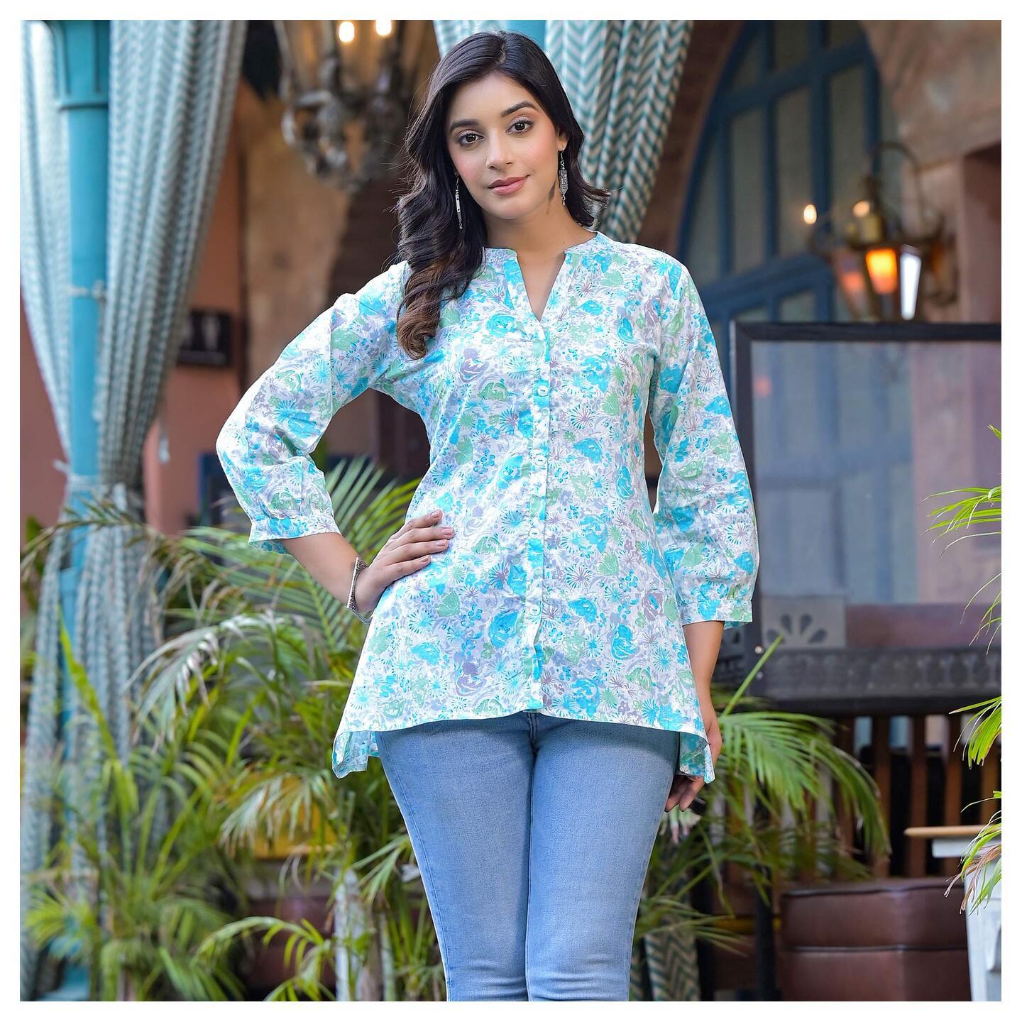 Sky Blue Floral Printed Pure Cotton A-Line Top 