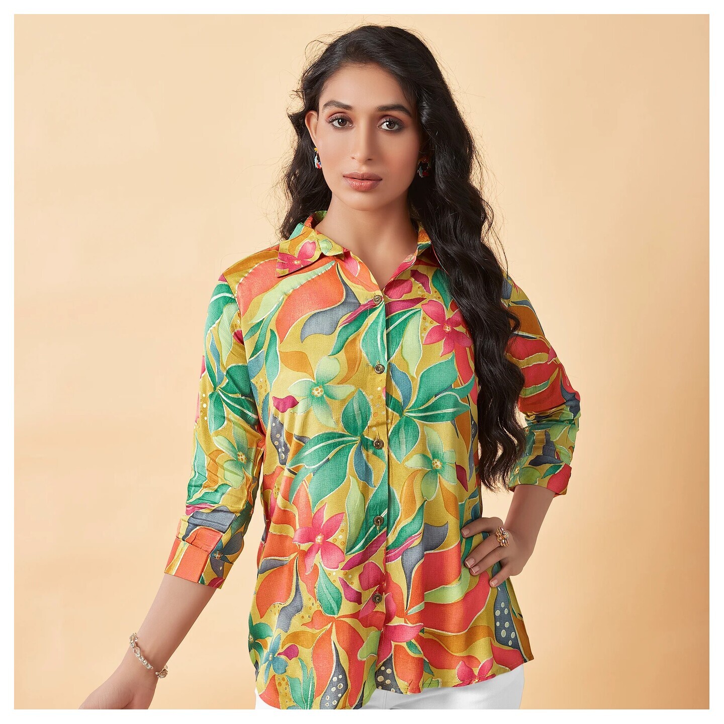 Multicolor Floral Foil Printed Muslin Top 