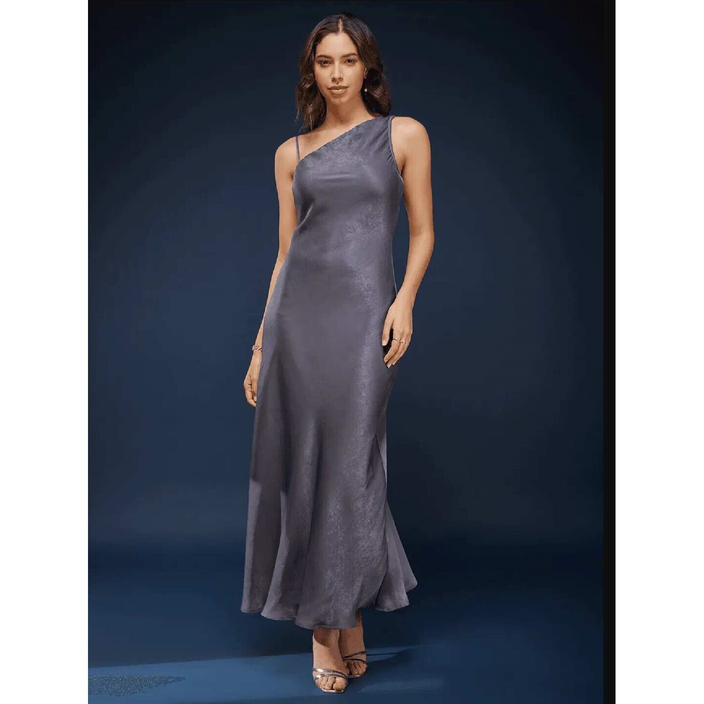 Satin One Shoulder Slip Dress - Grey 