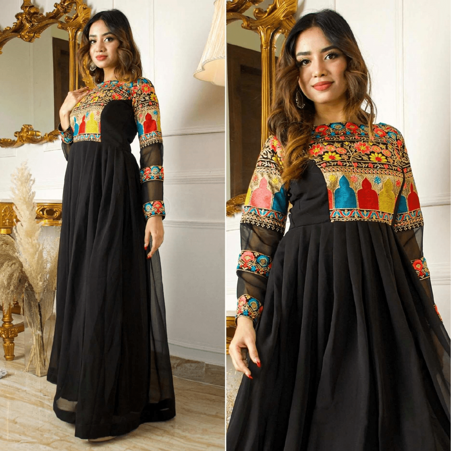 Black Floral Embroidered Flared Floor Touch Georgette Partywear Gown