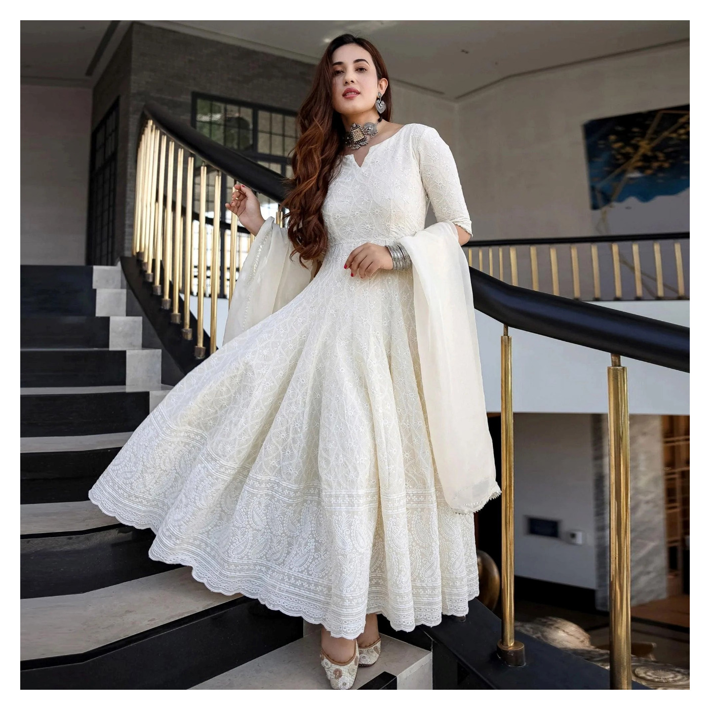 Off White Lucknowi Chikankari With Embroidery Pure Cotton Gown