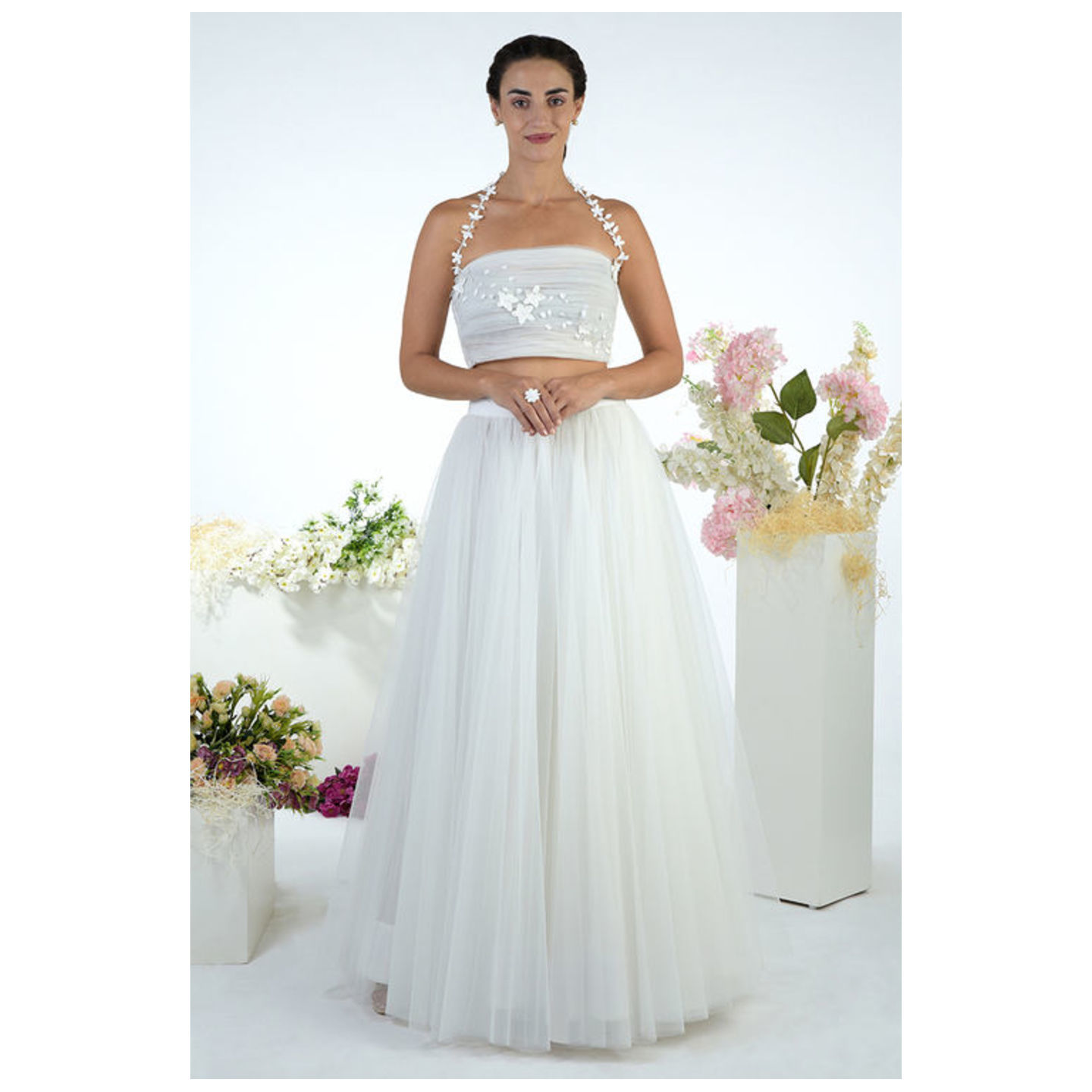 GUL- White Tulle Ruched 3D Floral Hand Embroidered Top With Skirt