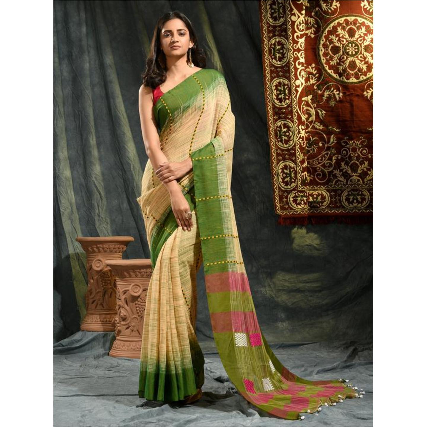 Women's Beige and Green hand woven soft Cotton saree - Saja Sajo