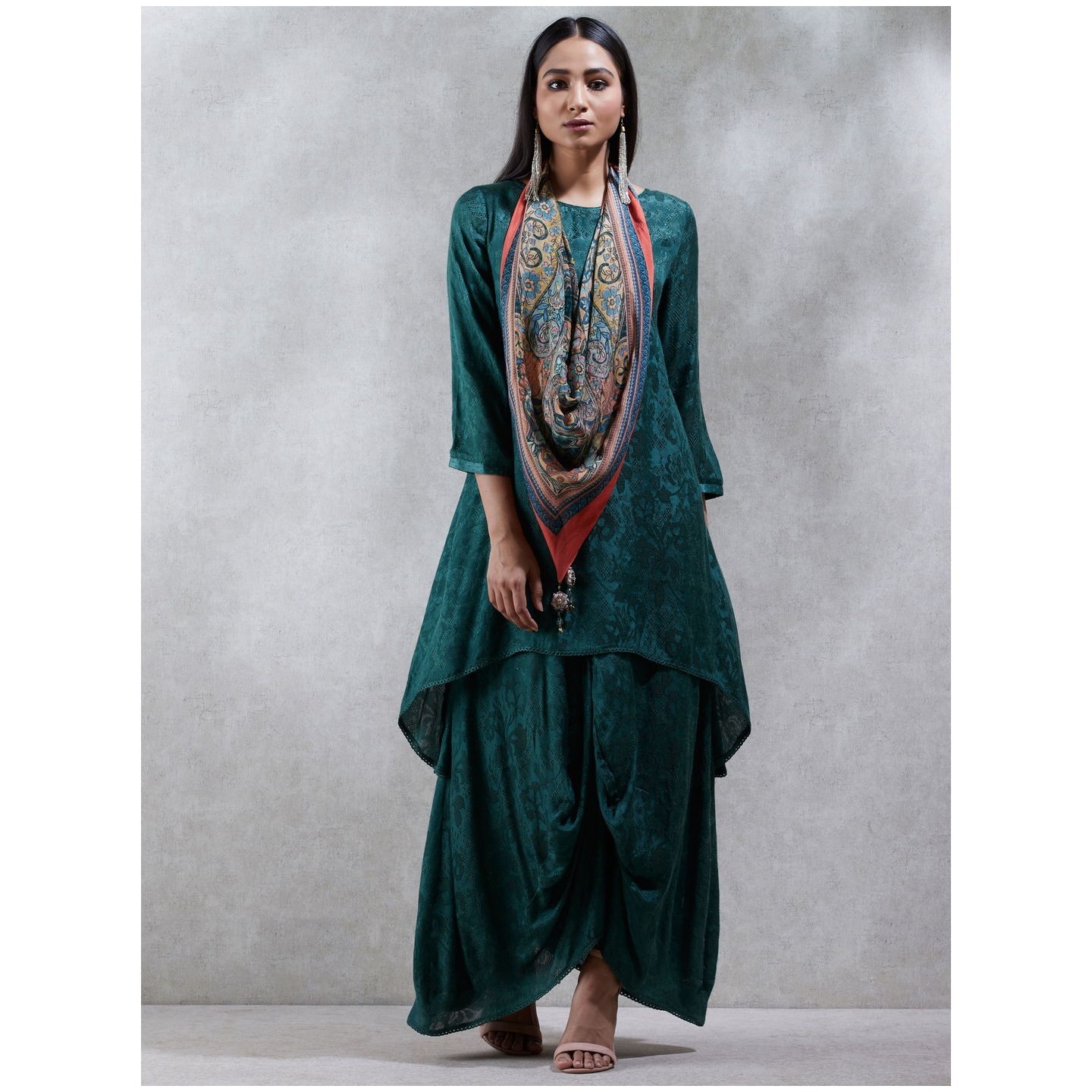 Green Cowl Kurta with Scarf