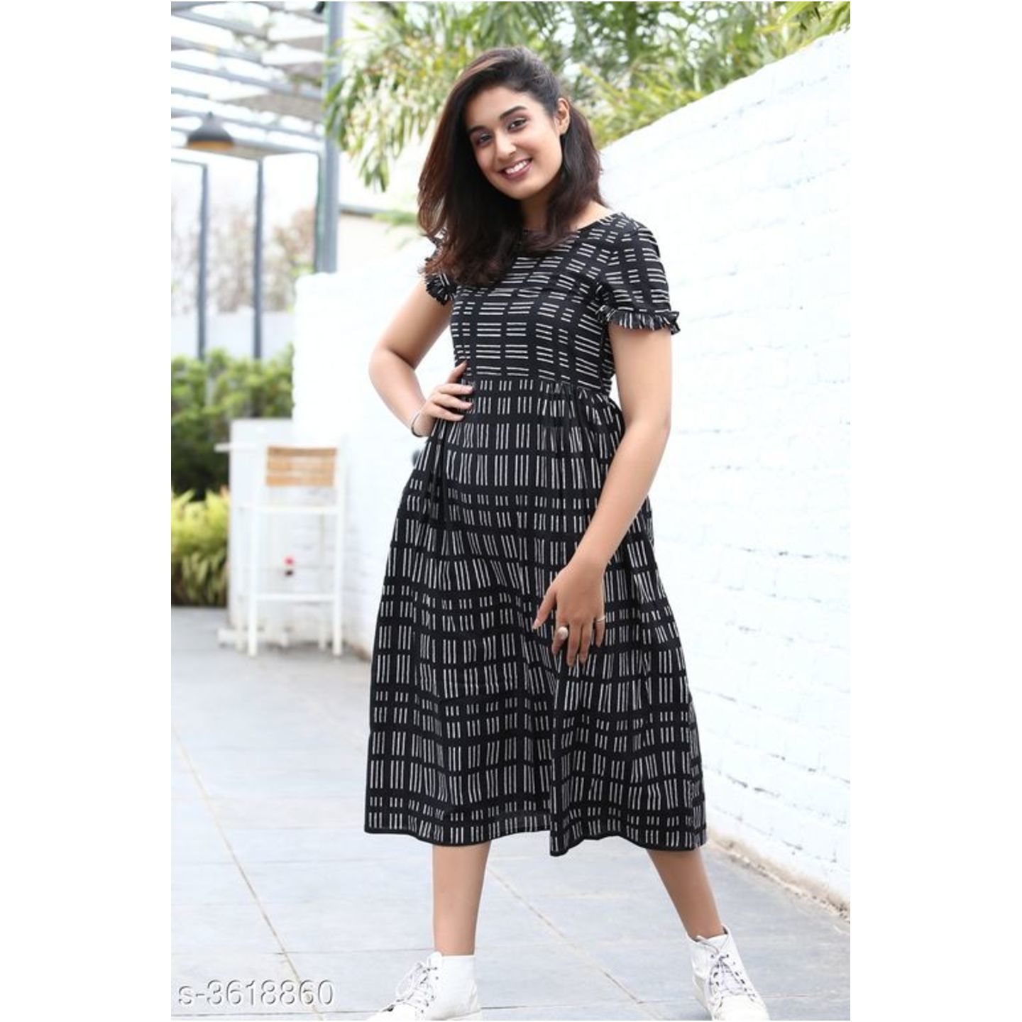 Women's Striped Black Cotton Dress