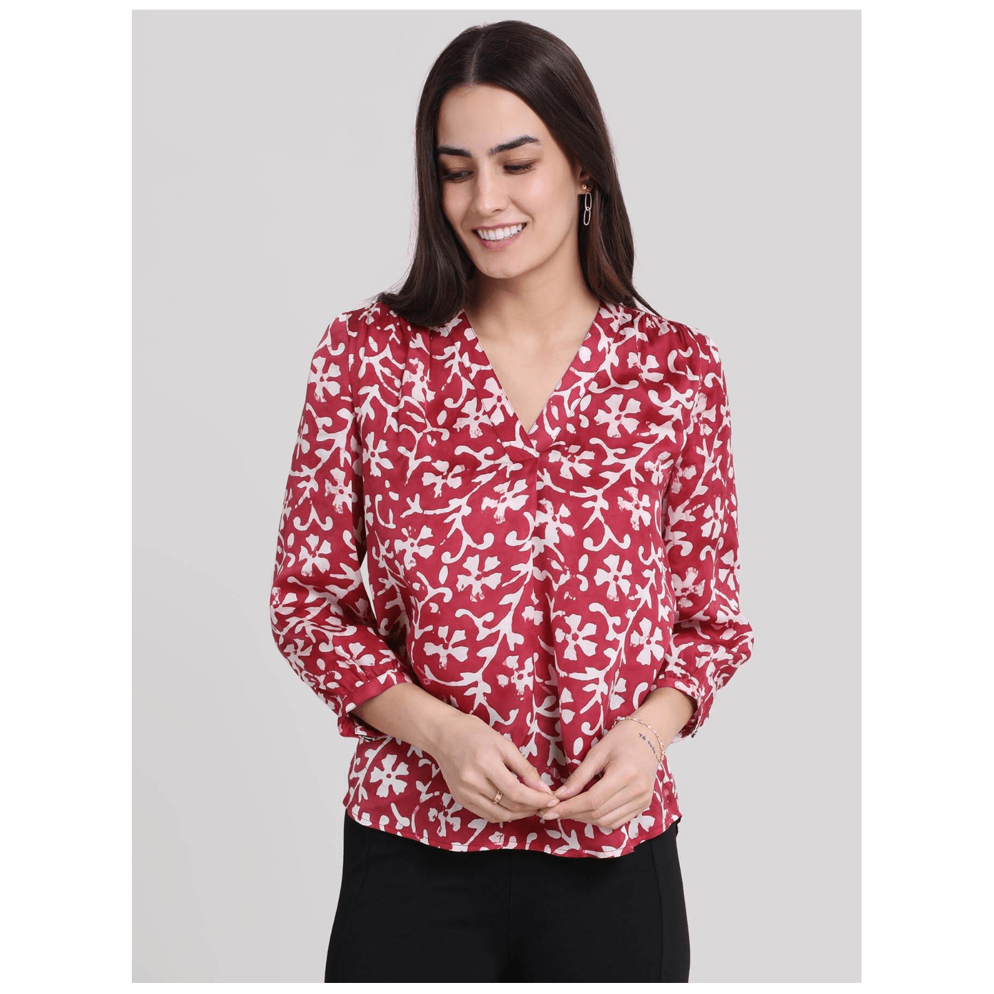 V Neck Floral Print Top - Maroon