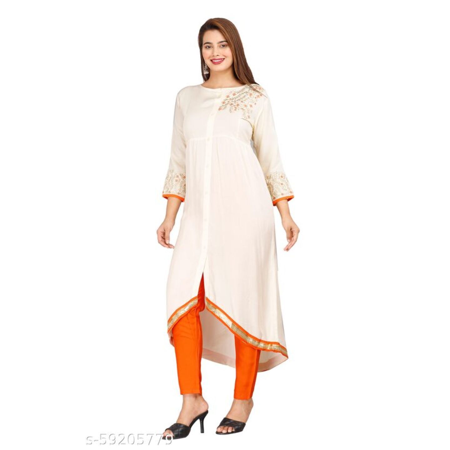 WOMEN CREAM ANARKALI KURTA PANT