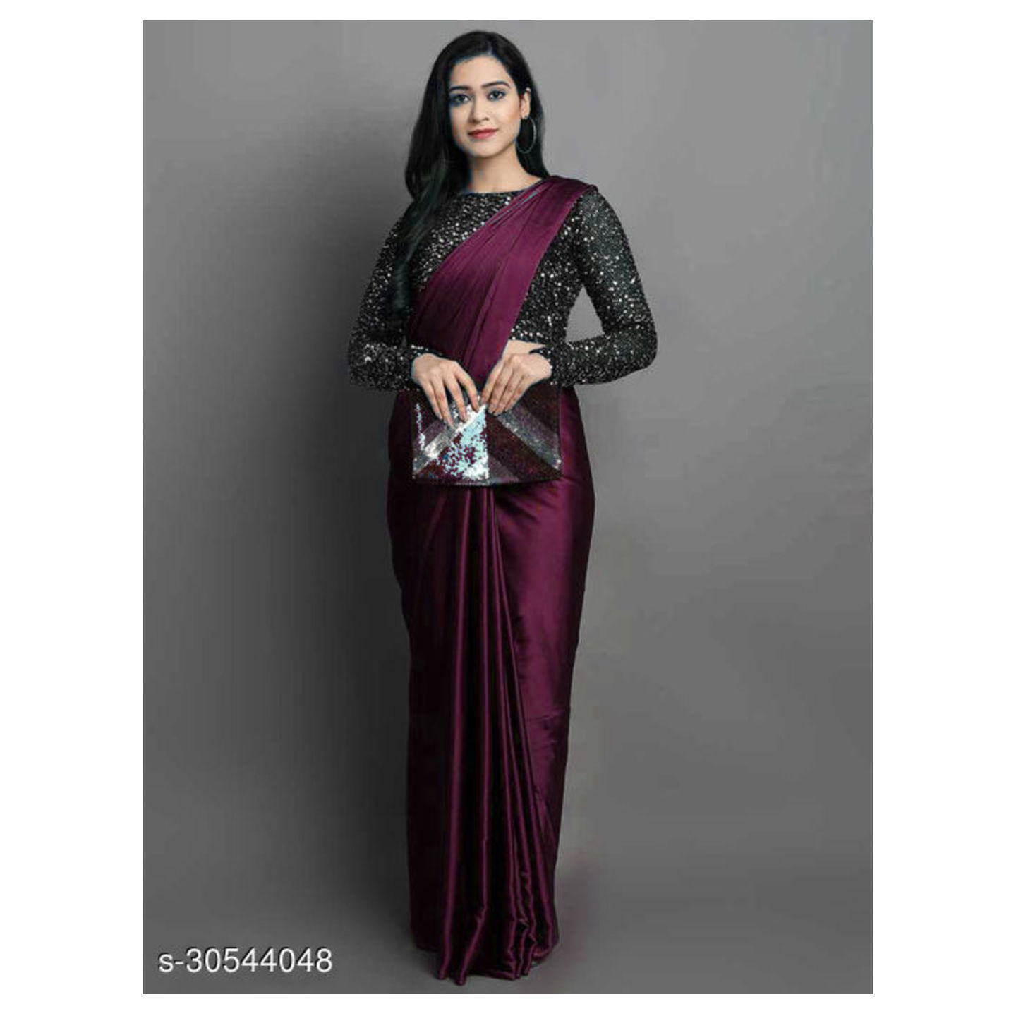 New Beautiful Satin Saree With Elegant Black Sequence Blouse