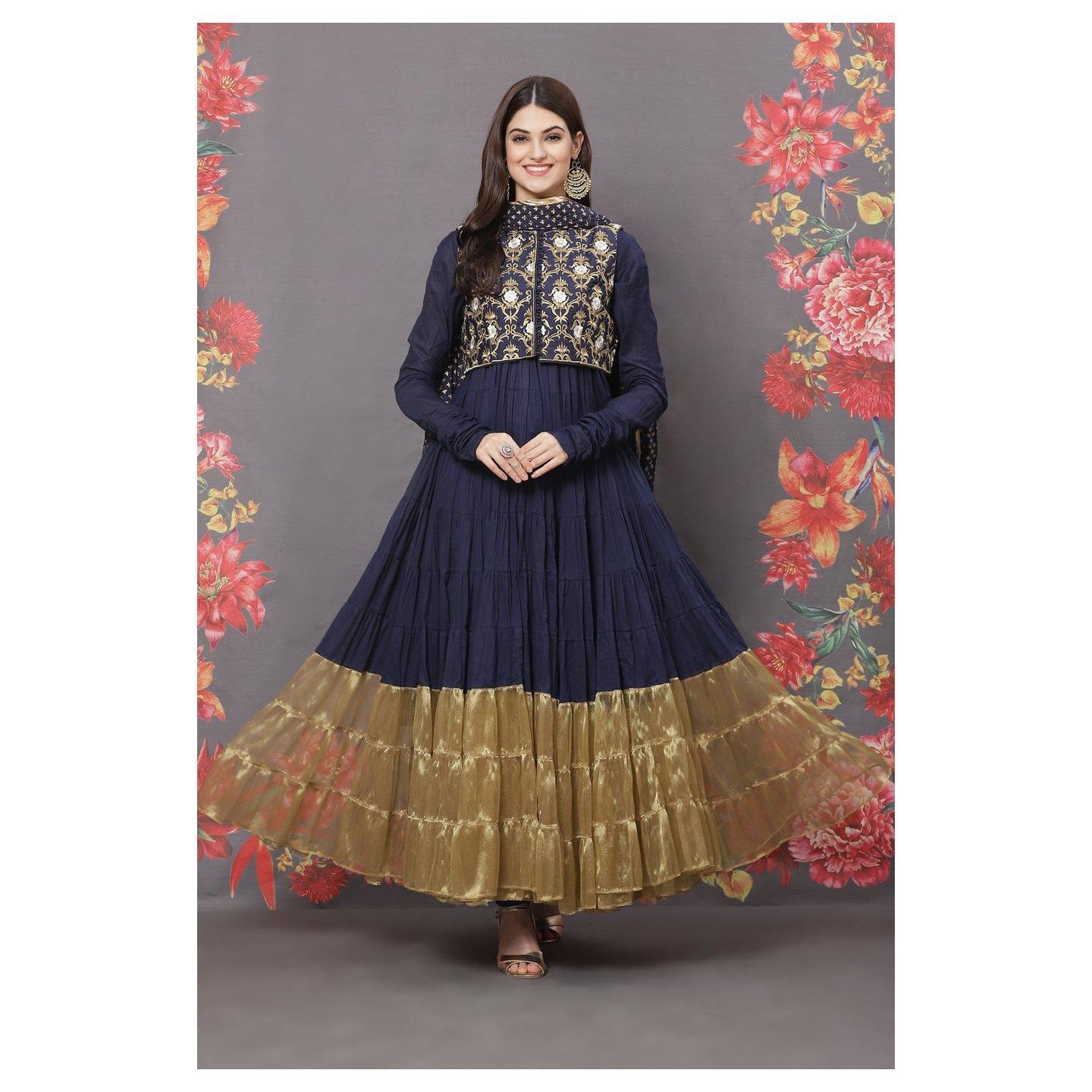 Navy Blue Cotton Anarkali Suit Set