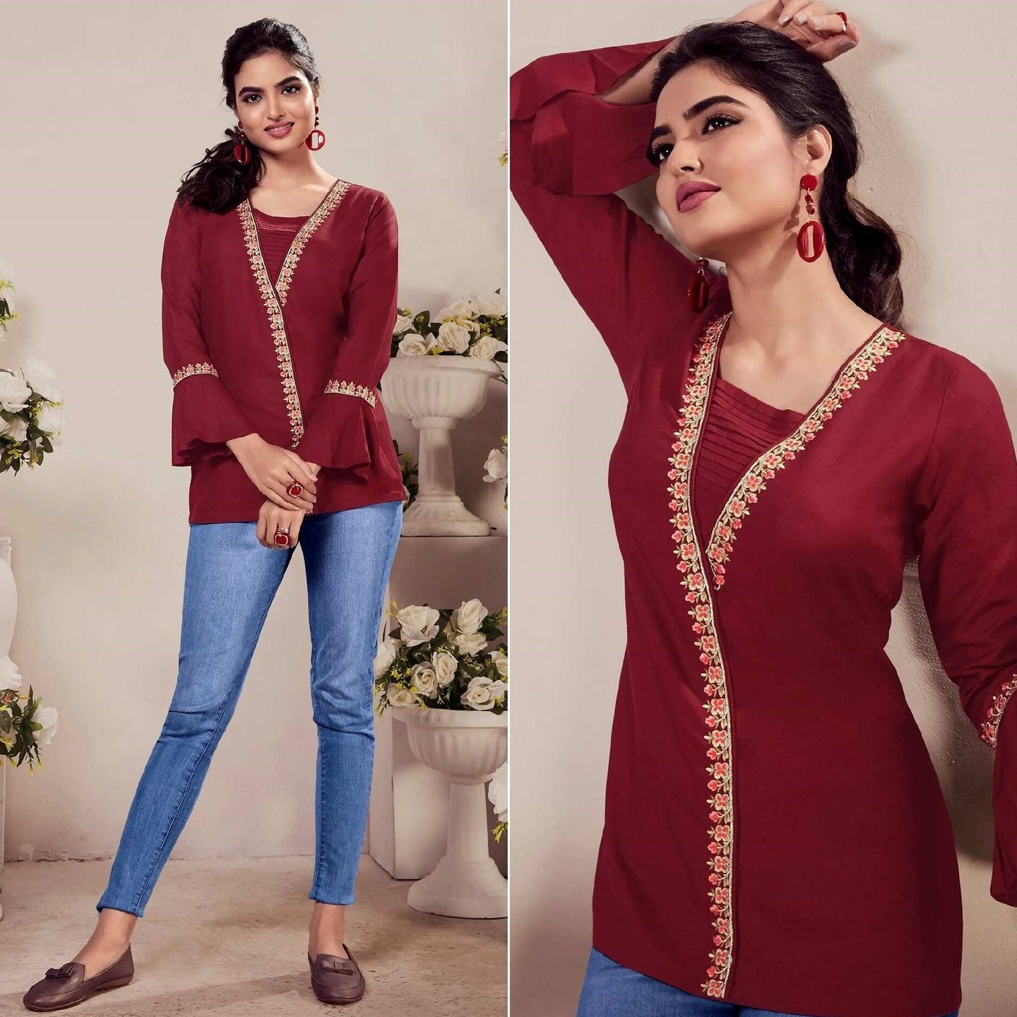 Maroon Casual Wear Floral Embroidered Rayon Top