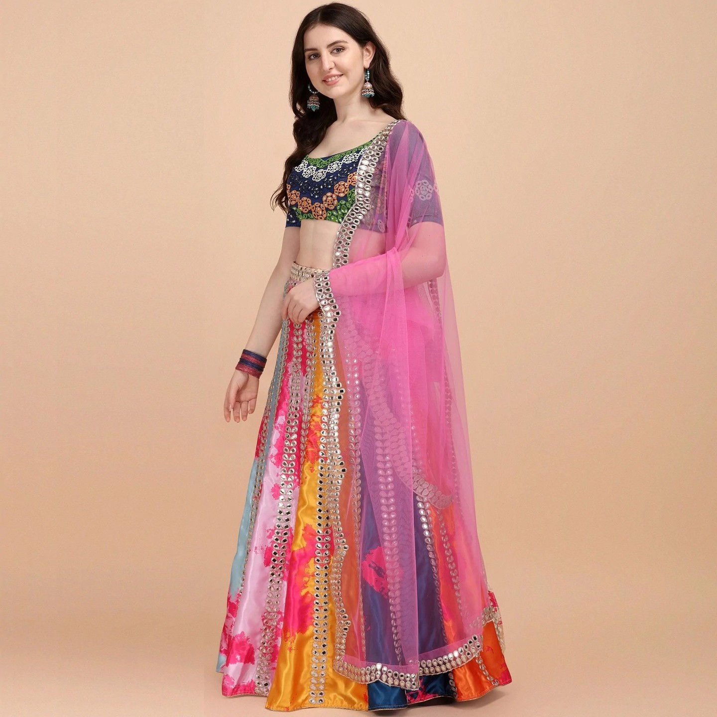 Multicolor Party Wear Digital Printed & Embroidered Satin Lehenga Choli Size- Free Size-   Semi-Stitched
