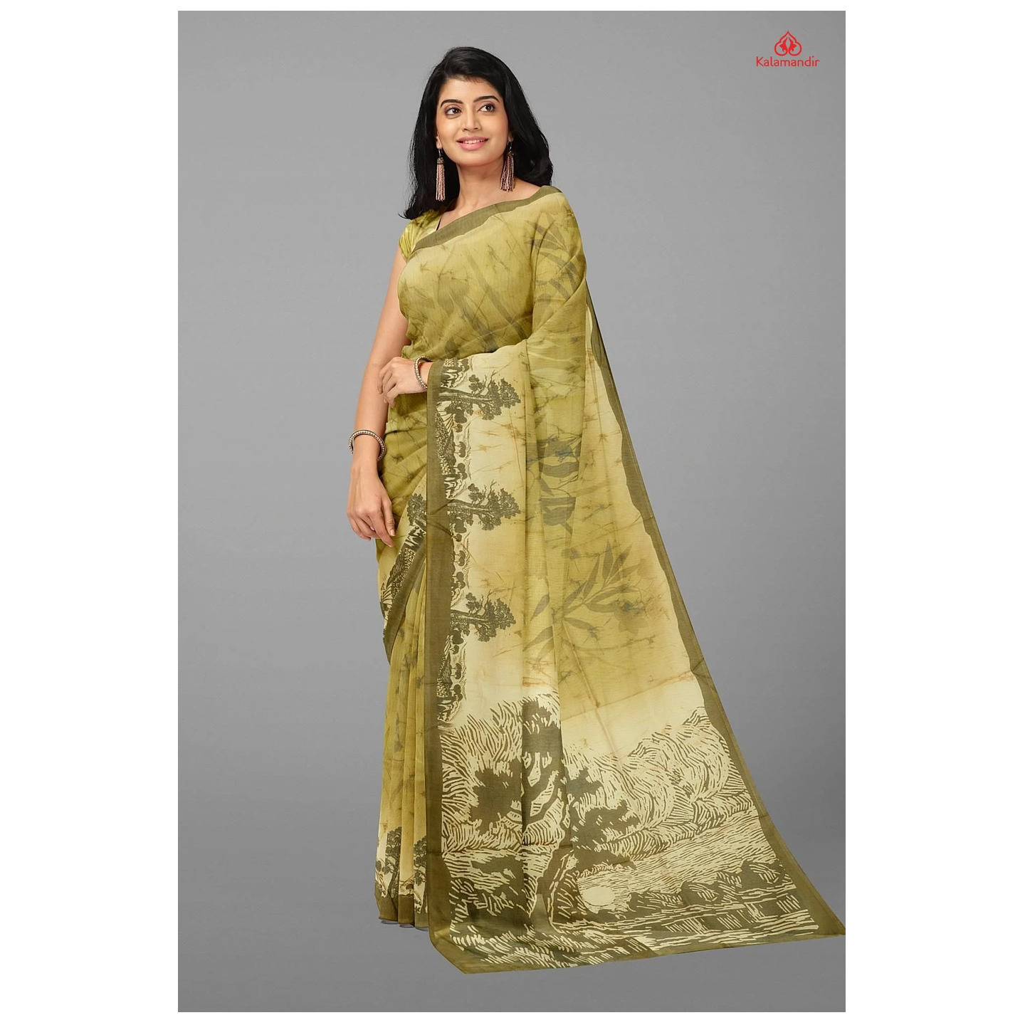 OLIVE GREEN and MEHANDI GREEN DIGITAL PRINT SILK Saree with FANCY