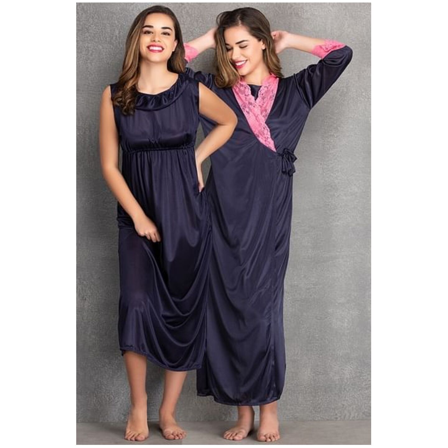 Long Night Dress & Full Sleeves Robe in Navy Blue- Satin 