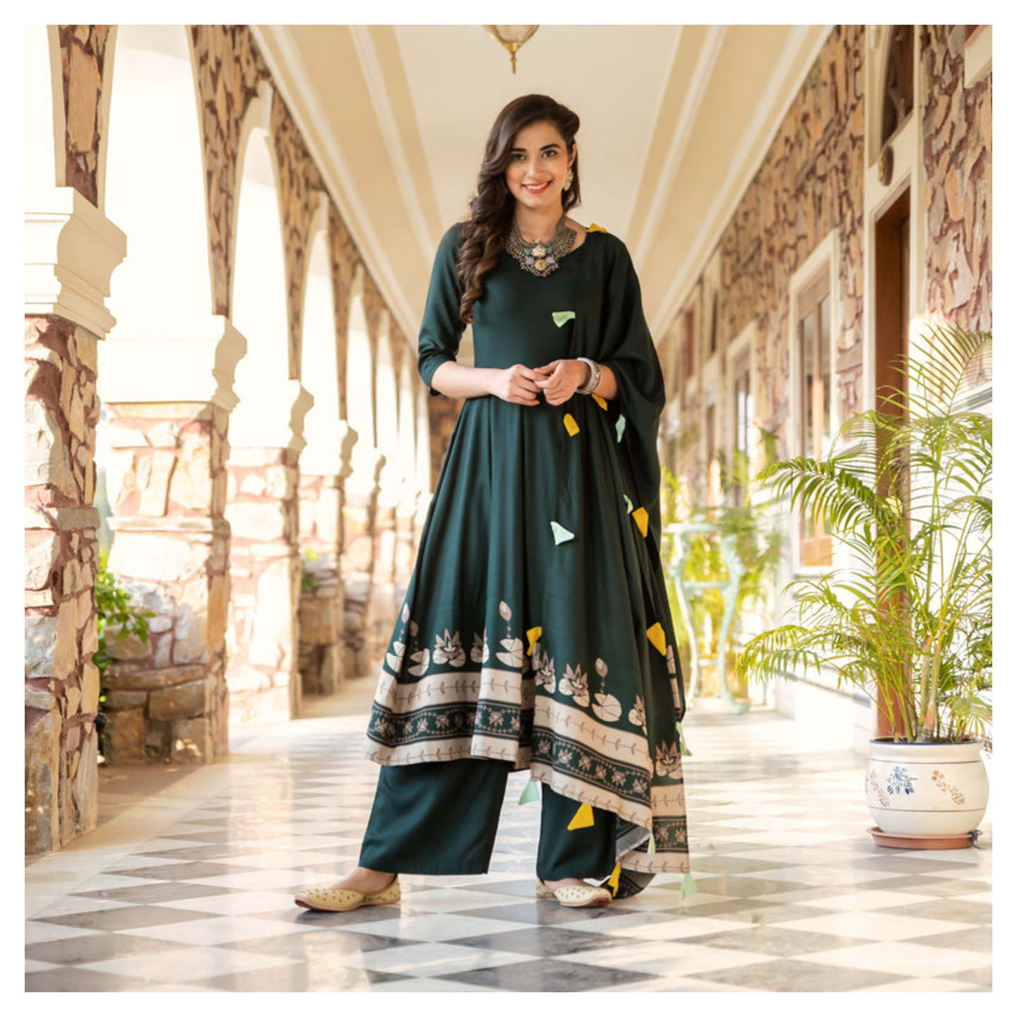 Emerald Green Kurta Pant Dupatta Set with Tassels