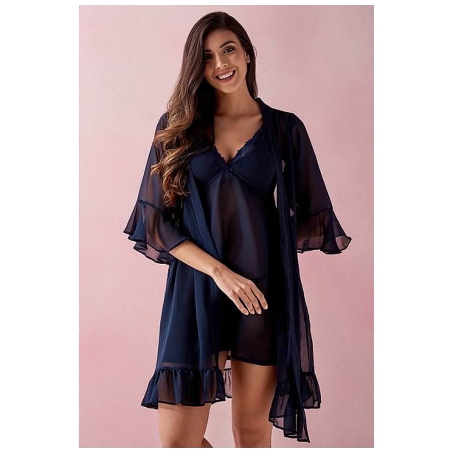 Sheer Babydoll with Matching Thong & Robe in Navy - Georgette & Lace