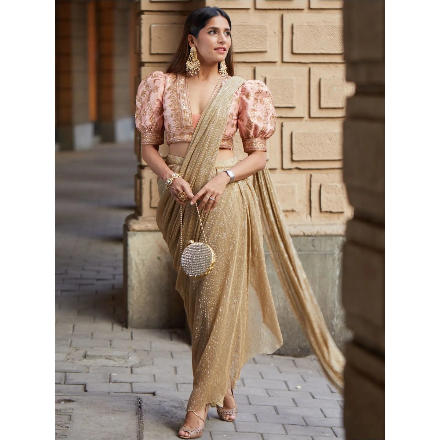 Peach & Gold Satnam Embroidered Draped Saree With Stitched Blouse