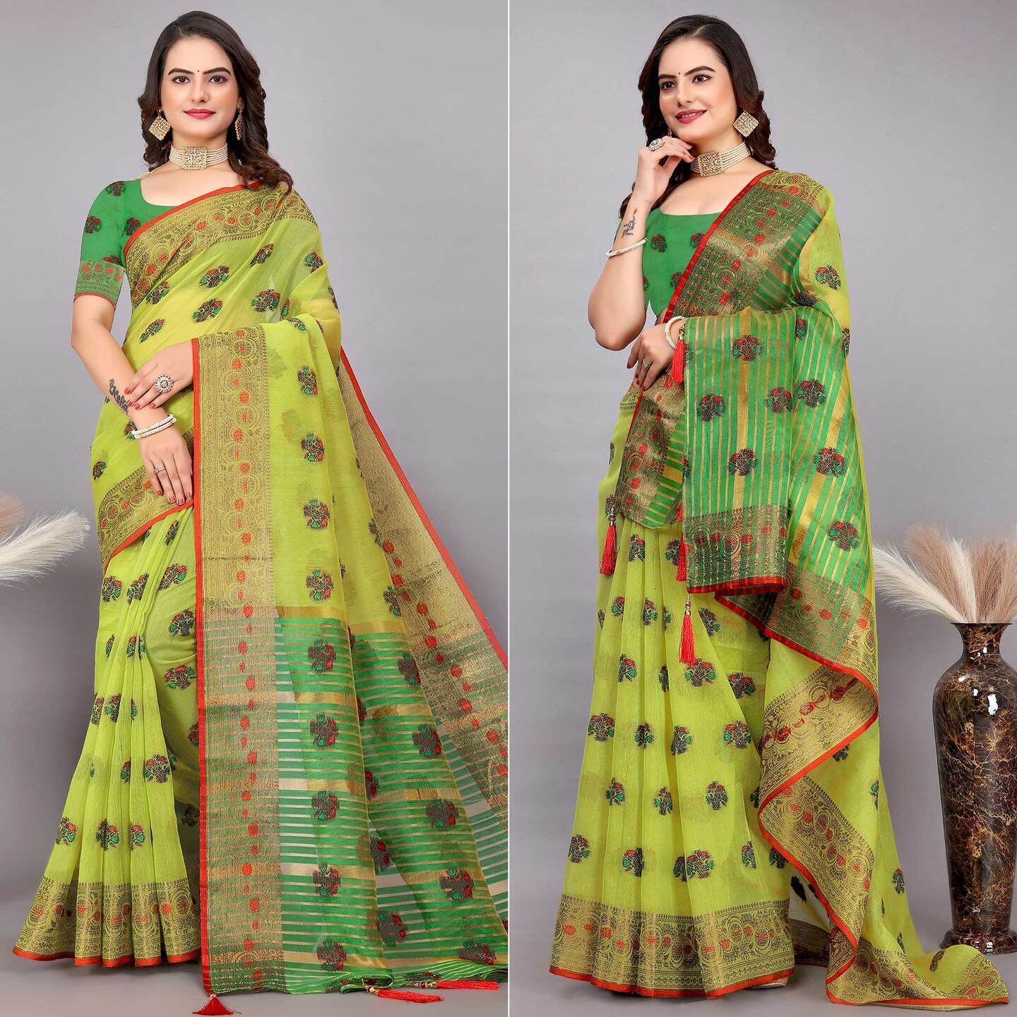 Lime Green Floral Woven Cotton Silk Saree With Tassels