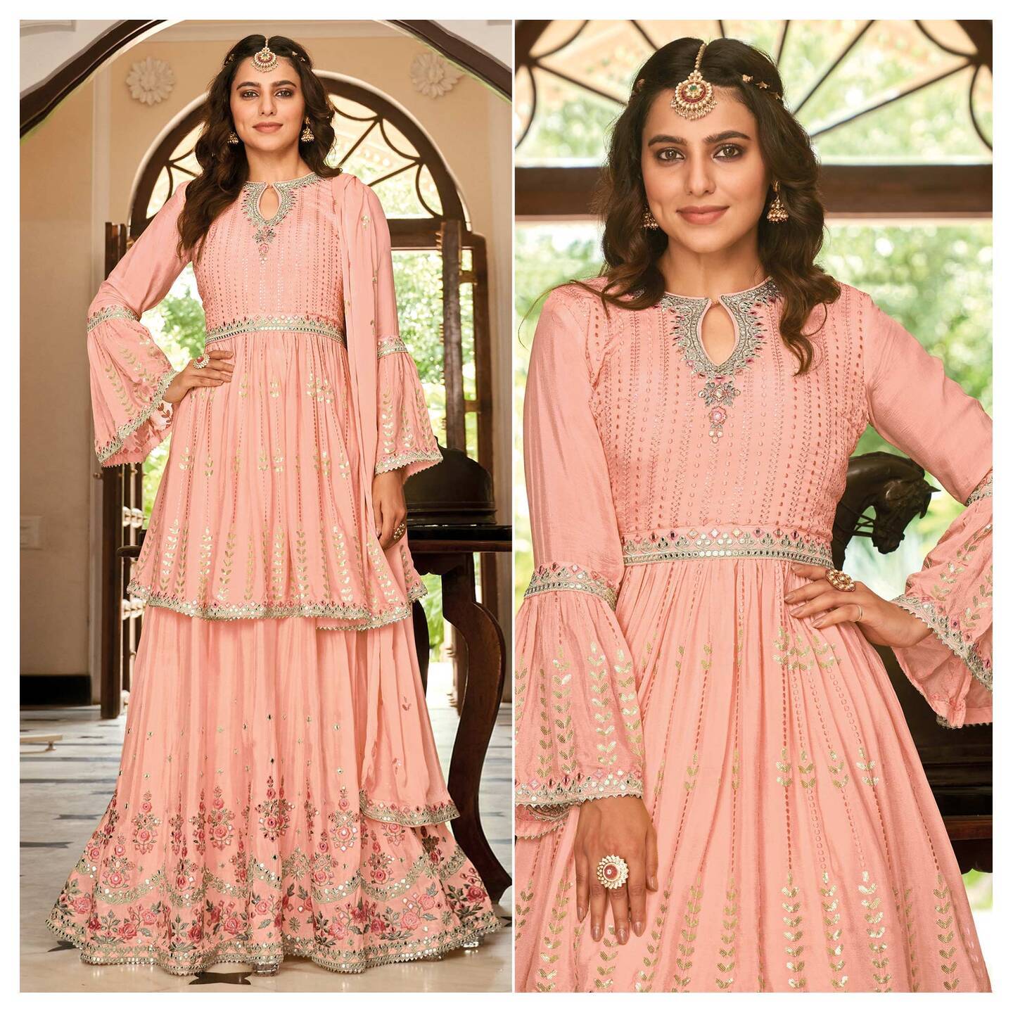 Peach Floral Sequins Embroidered Chiffon Sharara Suit Size- Semi Stitched