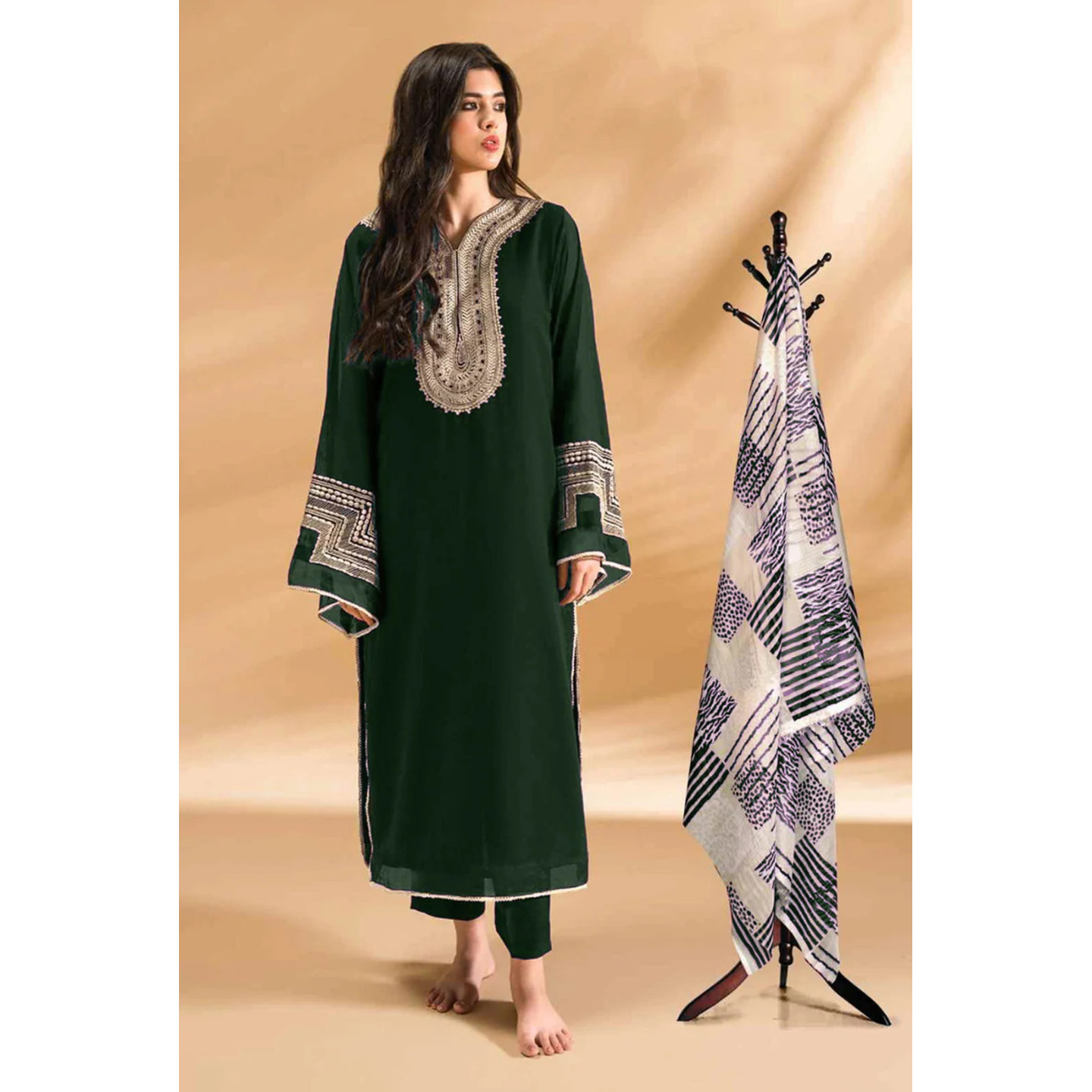 Summer Special Ready to Wear Green Embroidered Georgette Kurti With Digital Print Dupatta 