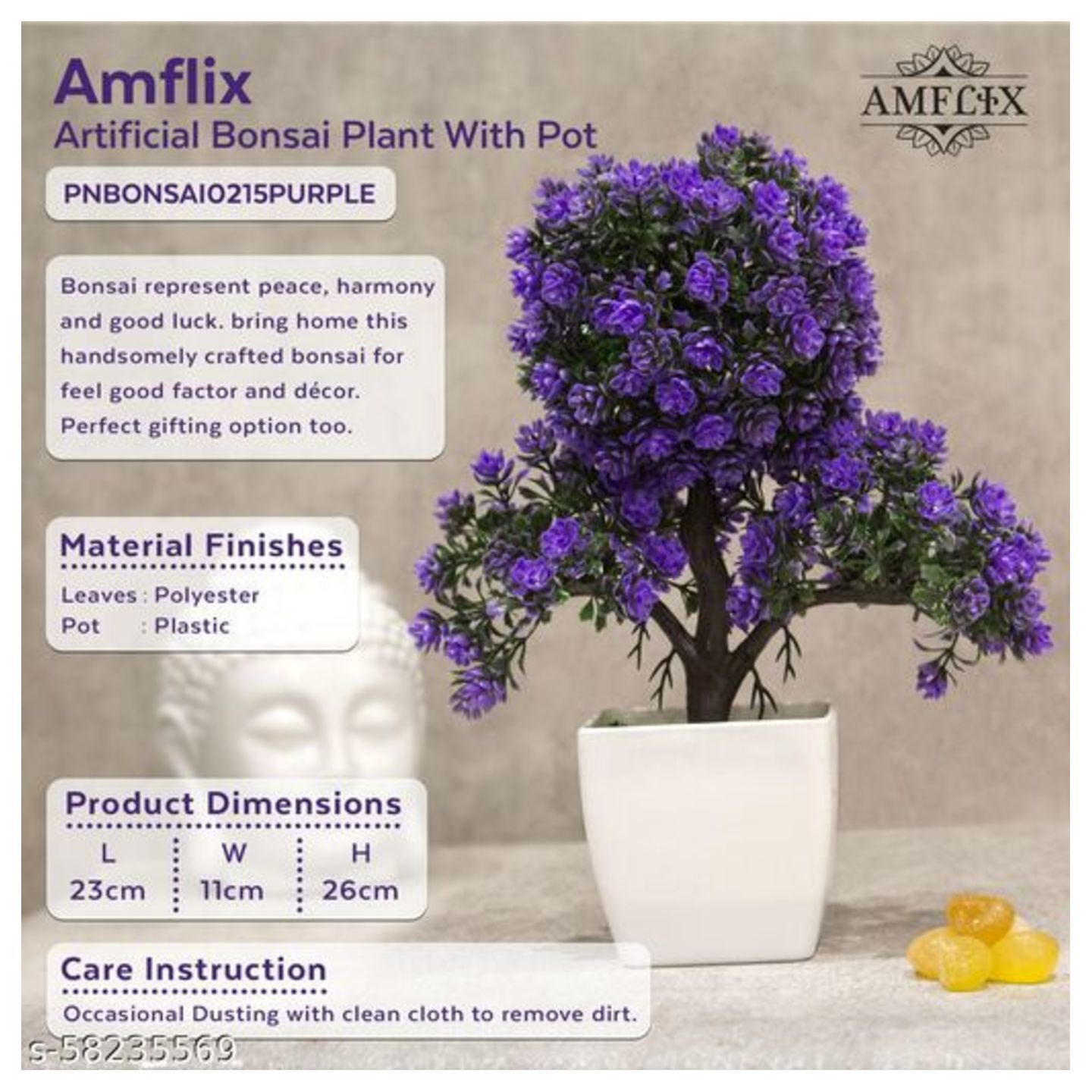 Amflix Artificial Bonsai Plant With Pot Purple