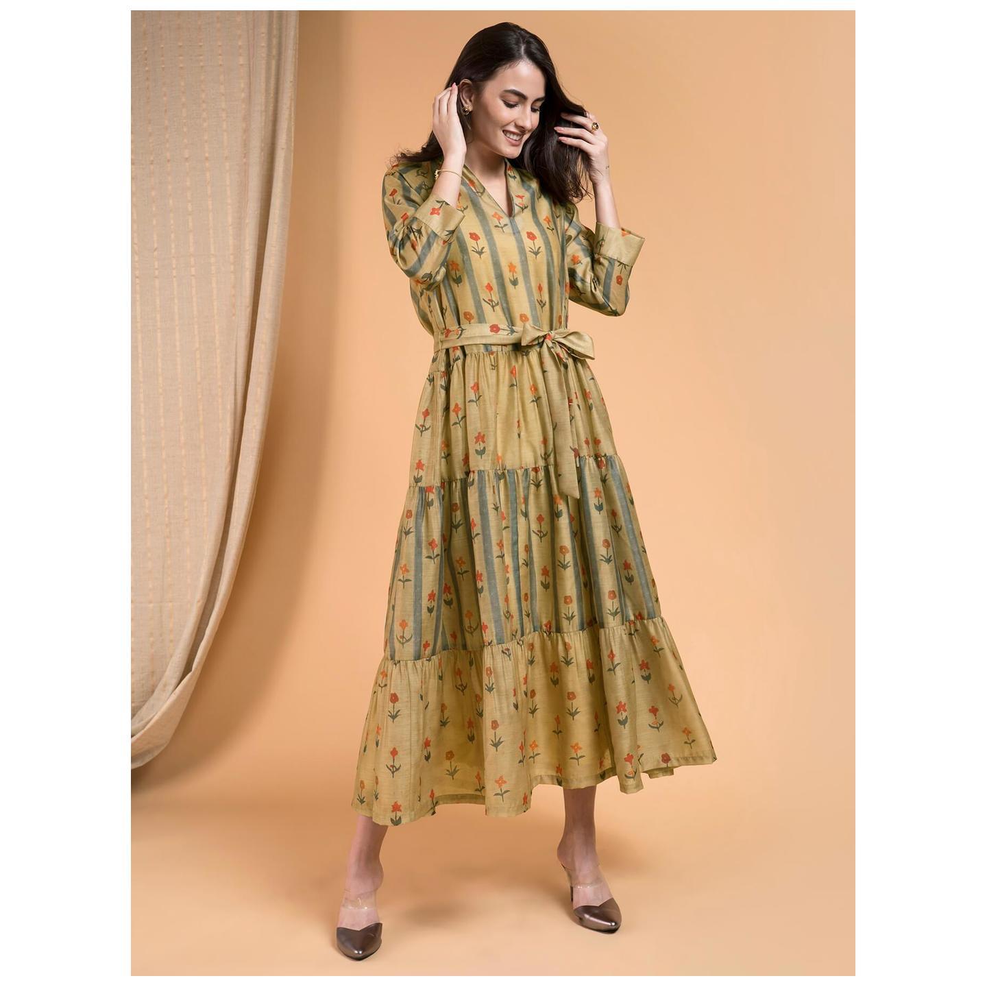 Chanderi Floral Print Tier Dress - Gold Mustard