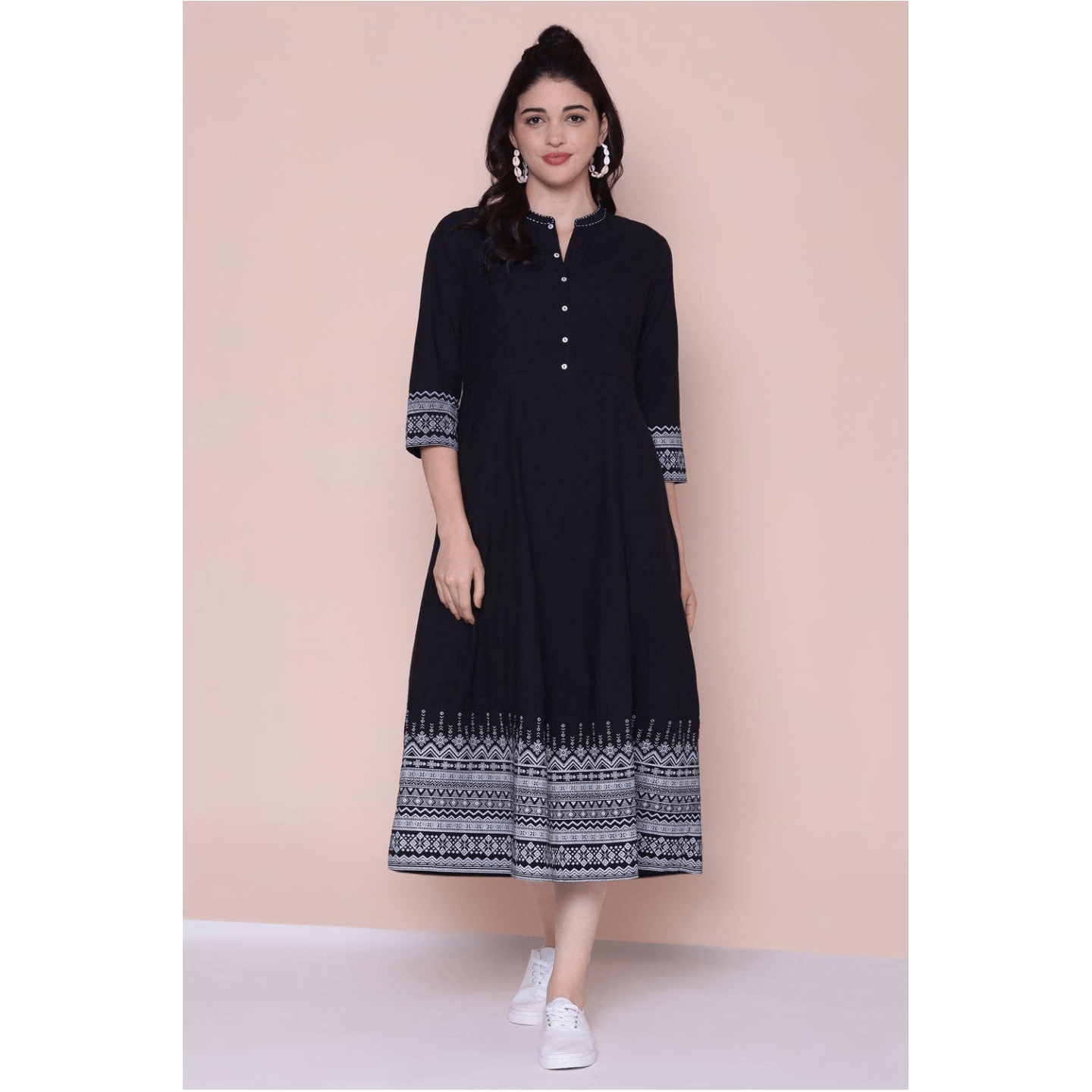 Black Cotton A-Line Fusion Dress With Buttoned Placket